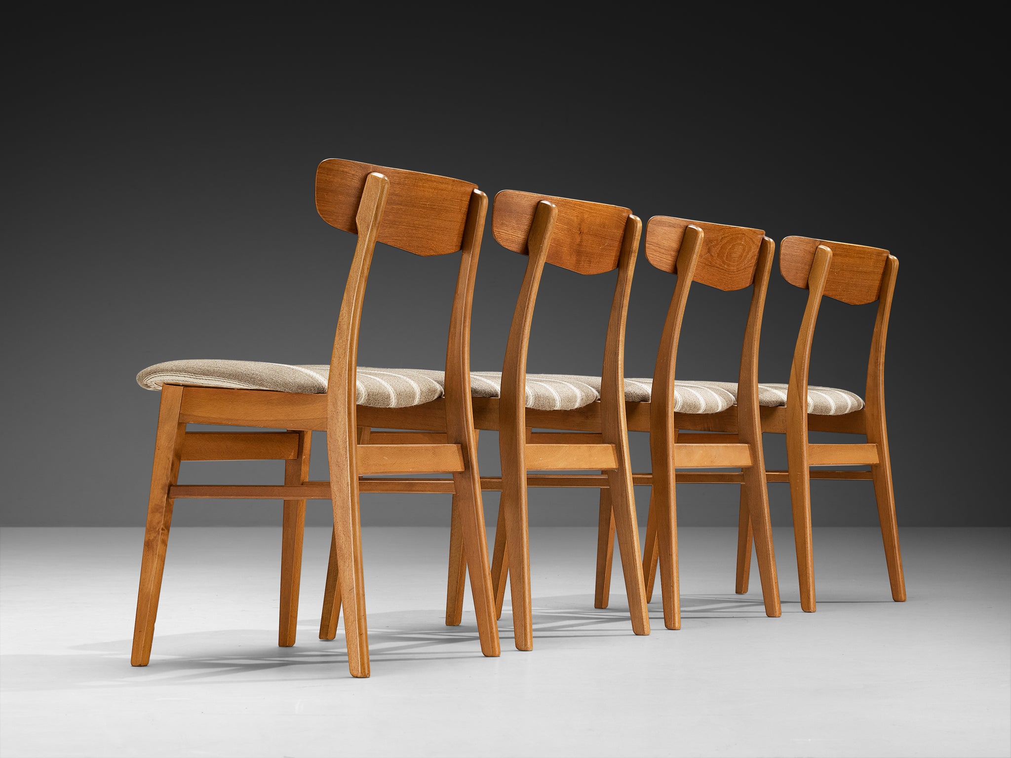 Set of Four Danish Dining Chairs in Wood and Striped Upholstery Seating Morentz