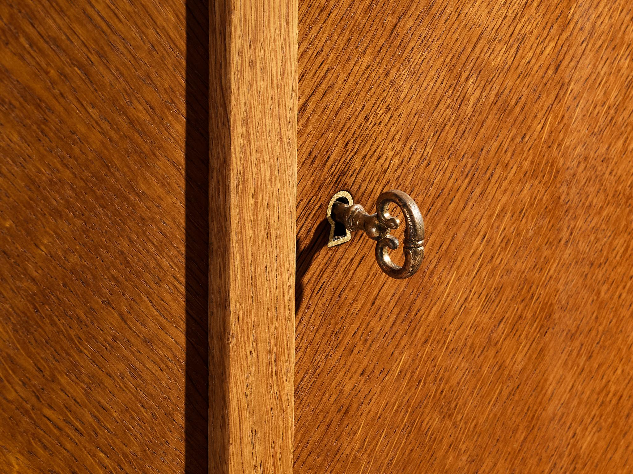 Mid-Century Modern Sideboard in Oak with Geometric Leather Details case pieces and storage cabinets Morentz