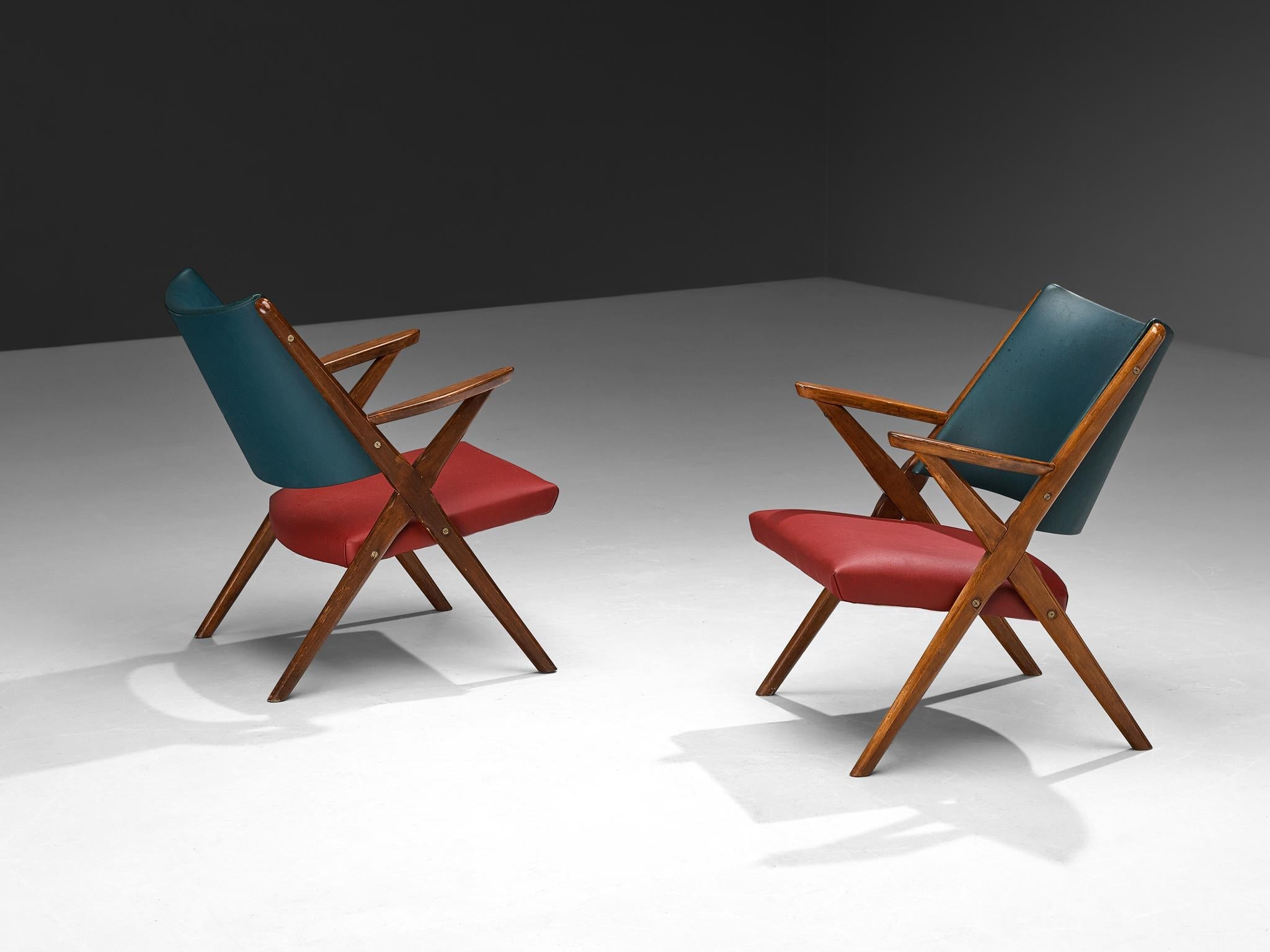 1950s Mid-Century Modern Italian Armchairs in Wood and Bicolor Fabric seating Morentz