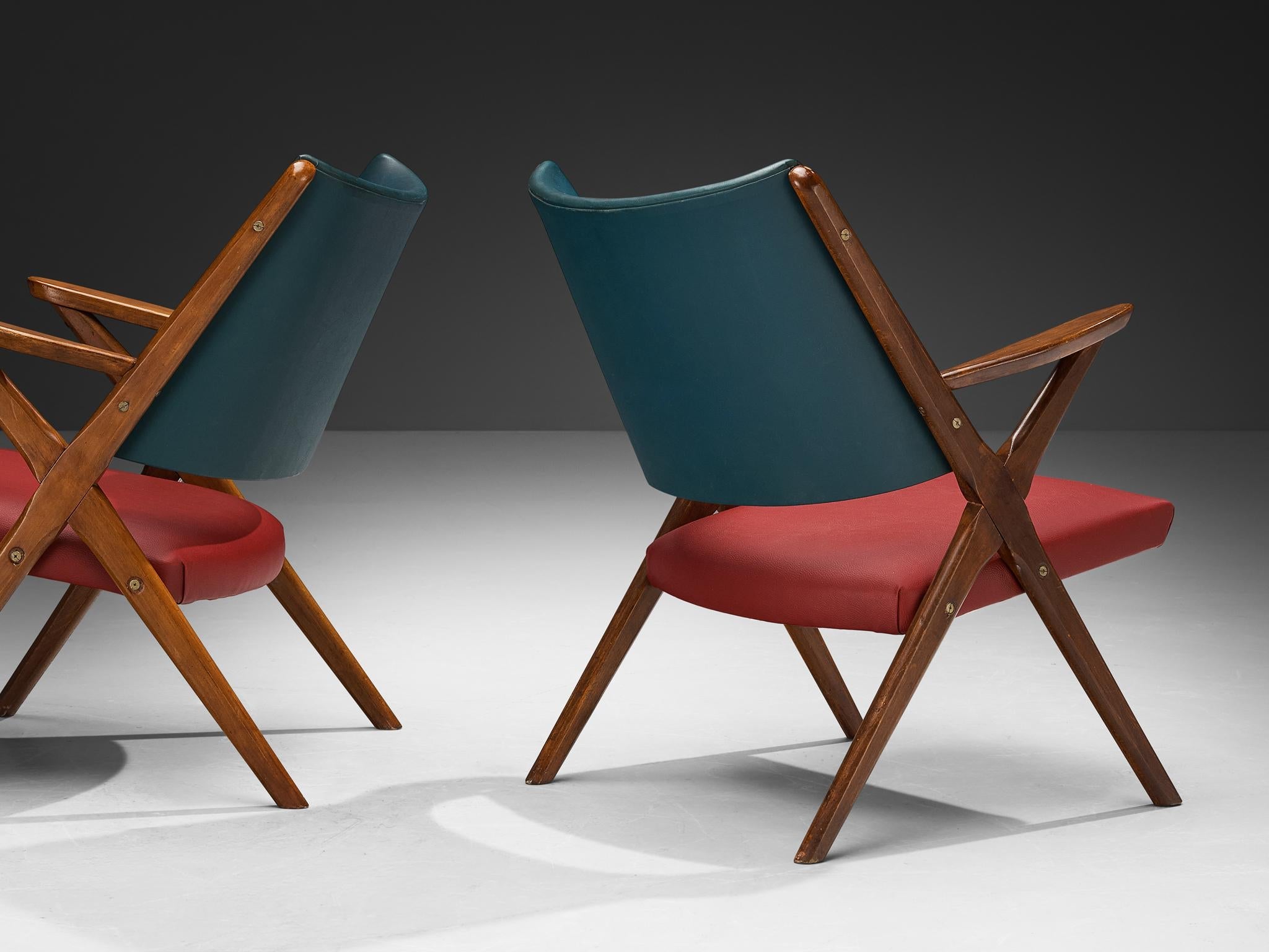 1950s Mid-Century Modern Italian Armchairs in Wood and Bicolor Fabric seating Morentz