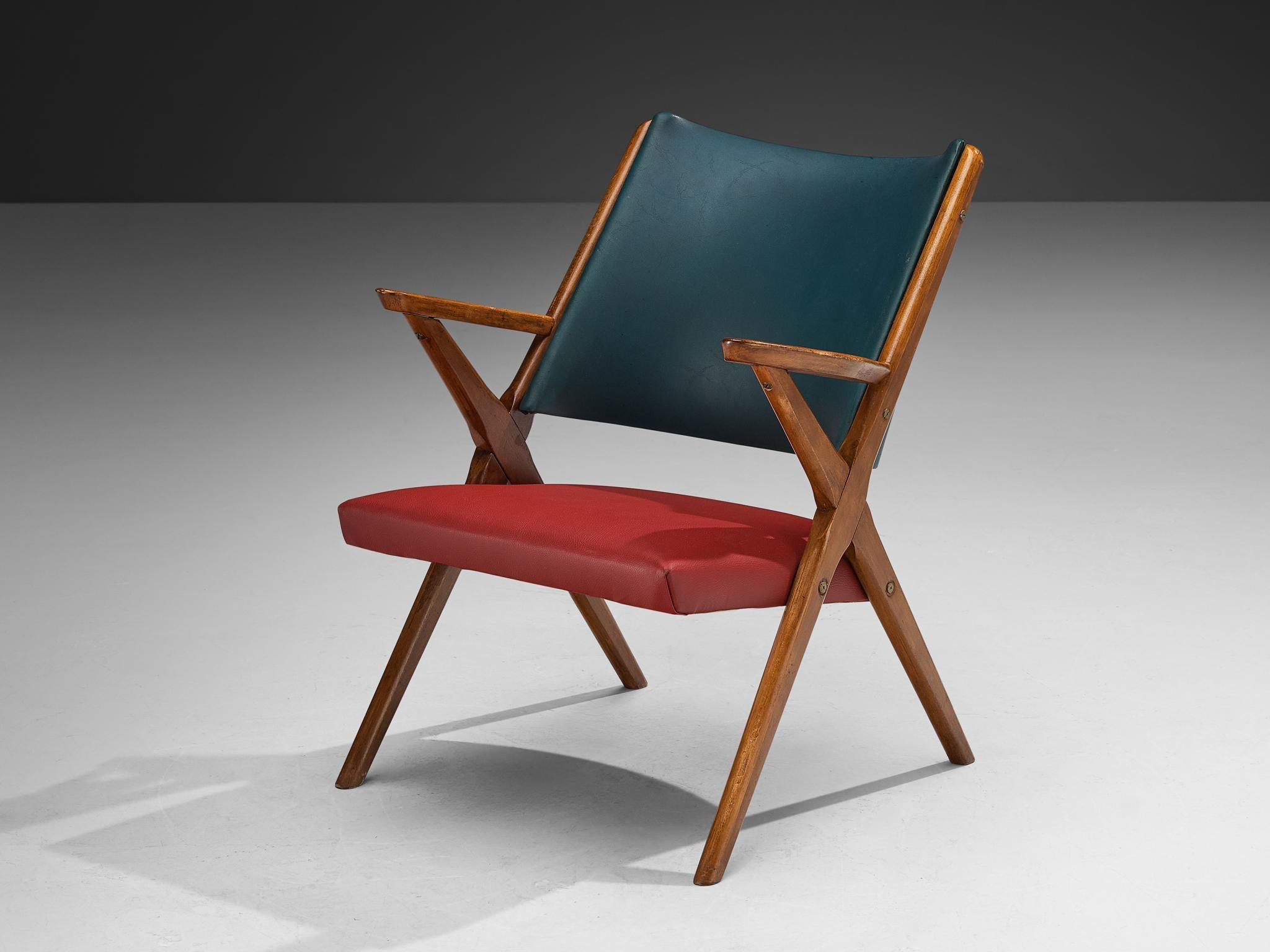 1950s Mid-Century Modern Italian Armchairs in Wood and Bicolor Fabric seating Morentz