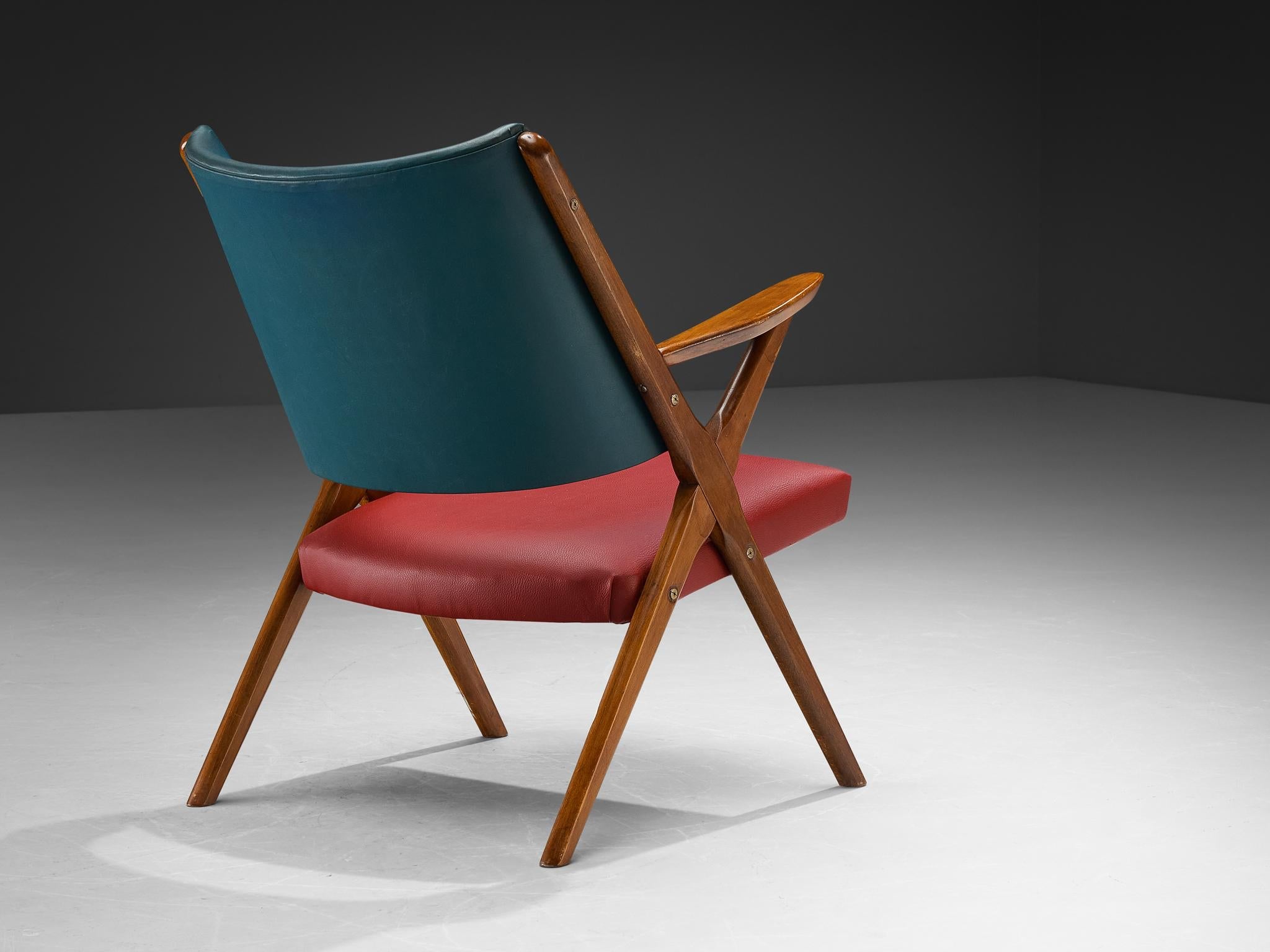 1950s Mid-Century Modern Italian Armchairs in Wood and Bicolor Fabric seating Morentz