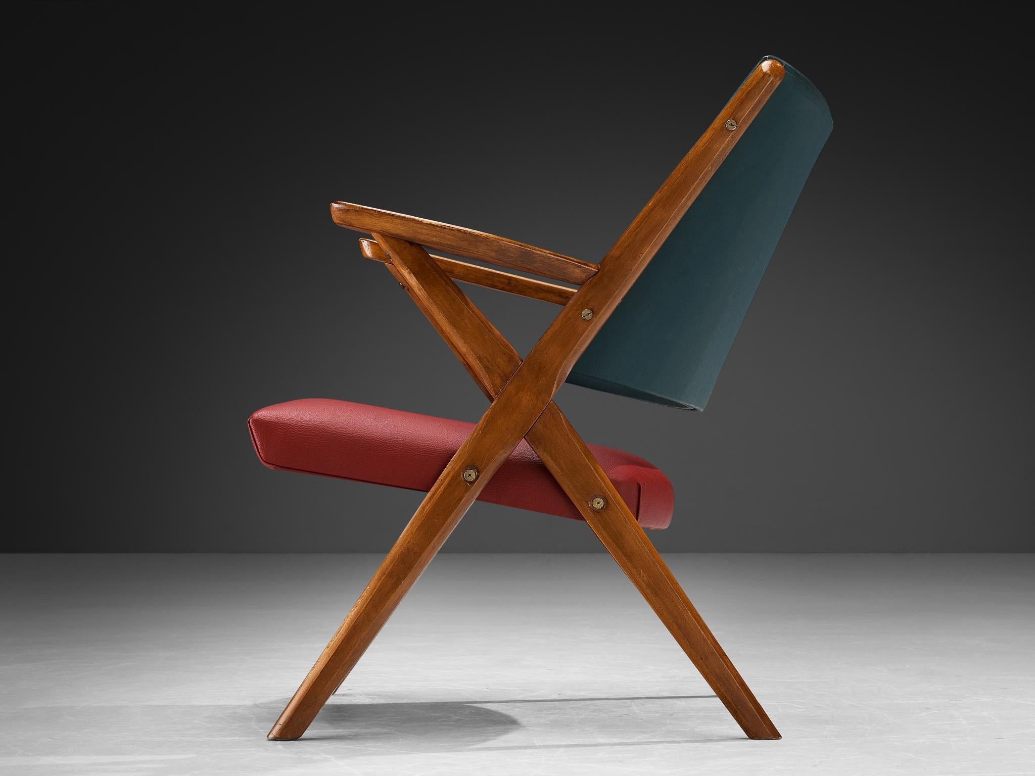 1950s Mid-Century Modern Italian Armchairs in Wood and Bicolor Fabric seating Morentz