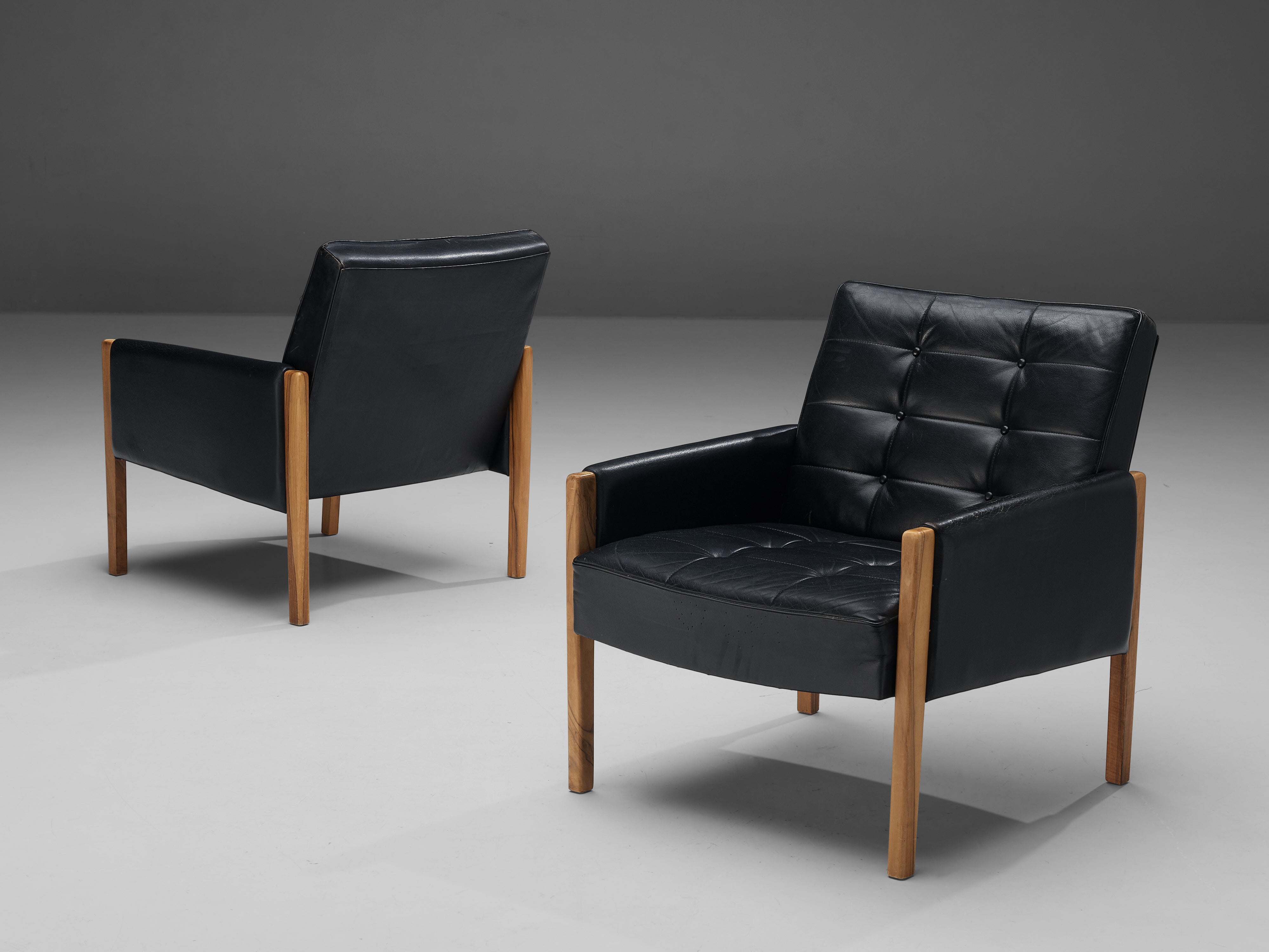 Italian Lounge Chairs in Black Leather and Stained Walnut seating Morentz