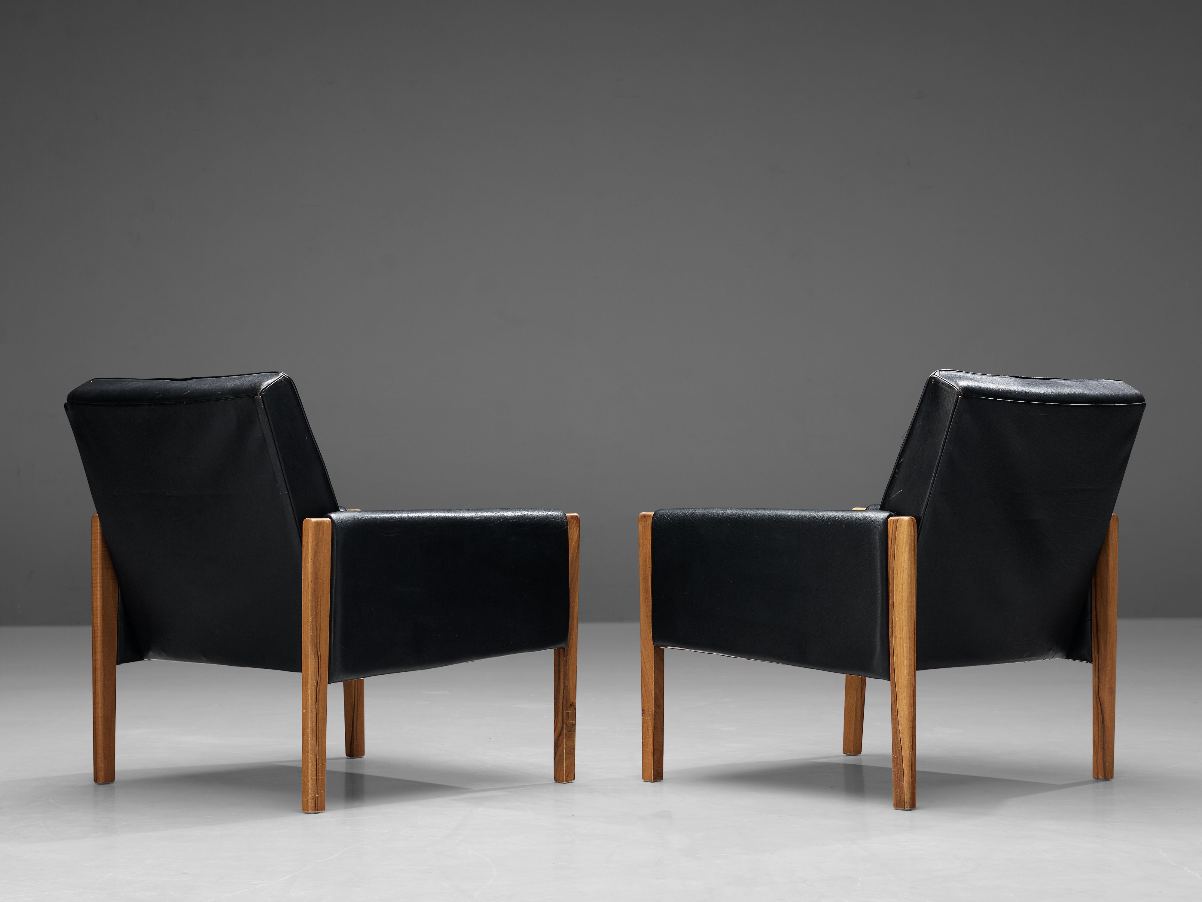 Italian Lounge Chairs in Black Leather and Stained Walnut seating Morentz