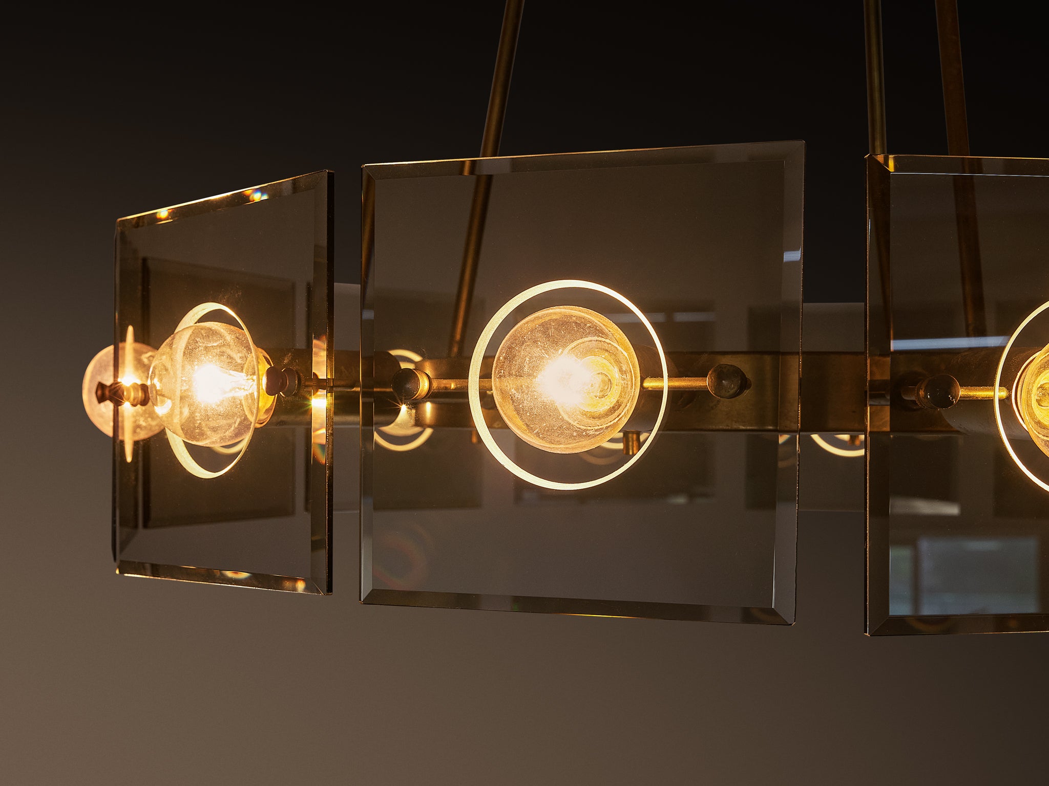 Gino Paroldo Mid-Century '4027' Chandelier in Brass and Sepia Glass Lighting Morentz