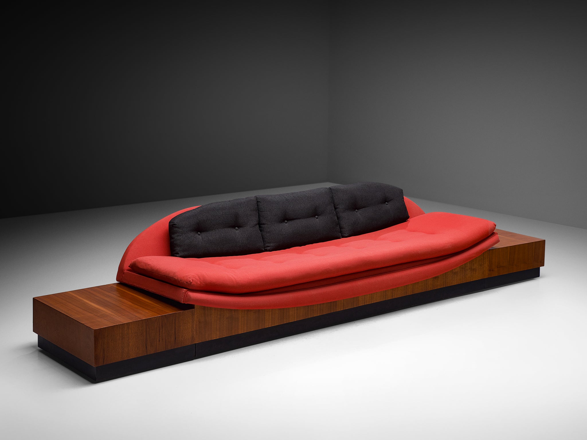 Adrian Pearsall 'Platform Gondola' Sofa in Walnut and Red Upholstery Seating Morentz