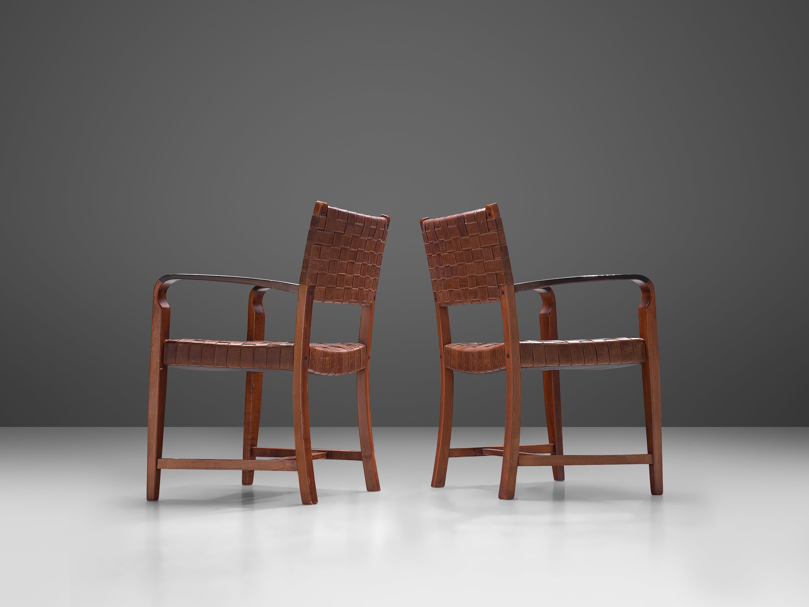 Belgian Pair of Armchairs Chairs in Leather and Oak seating Morentz