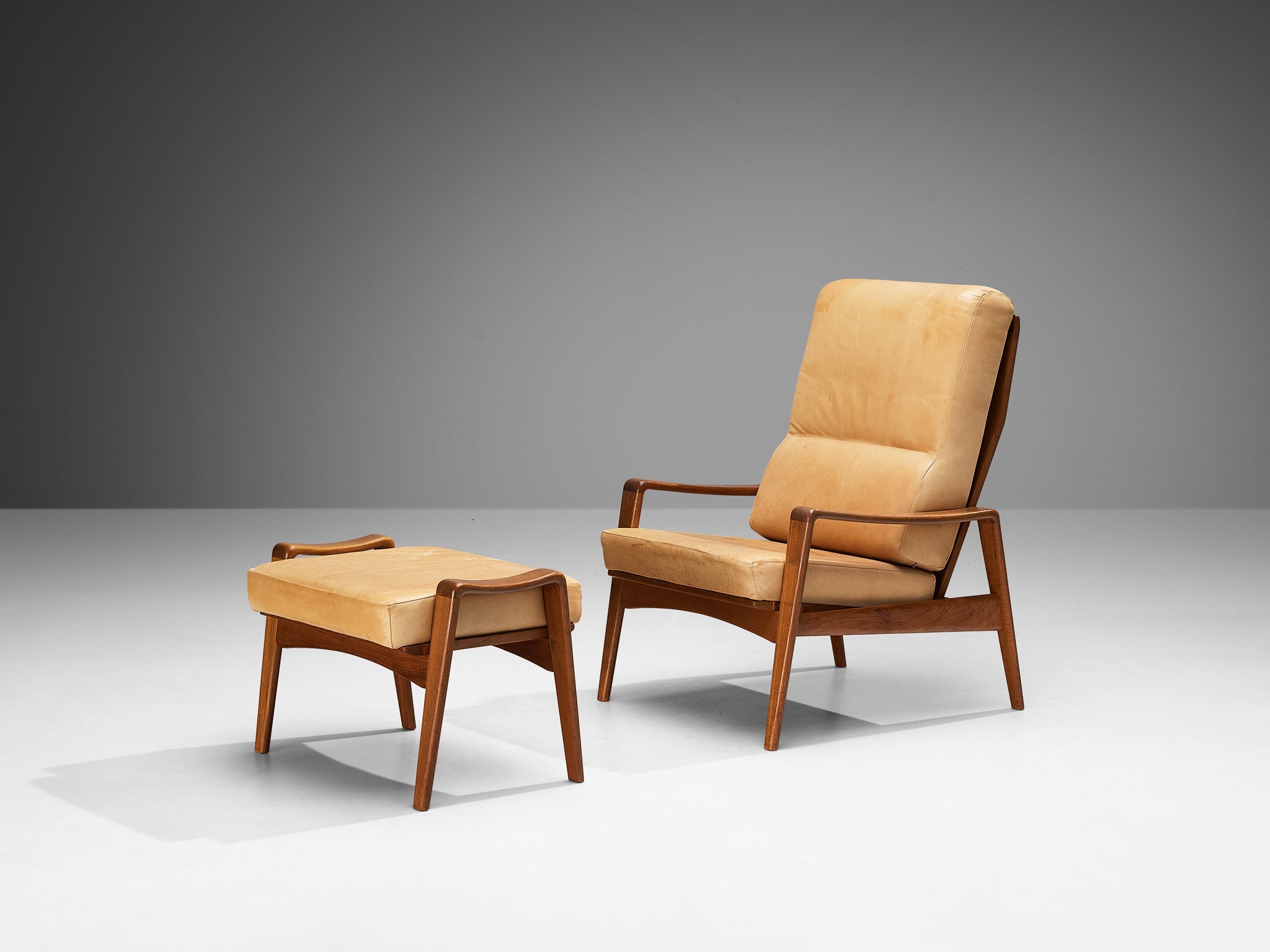 Arne Wahl Iversen Armchair with Ottoman in Teak and Camel Leather seating Morentz