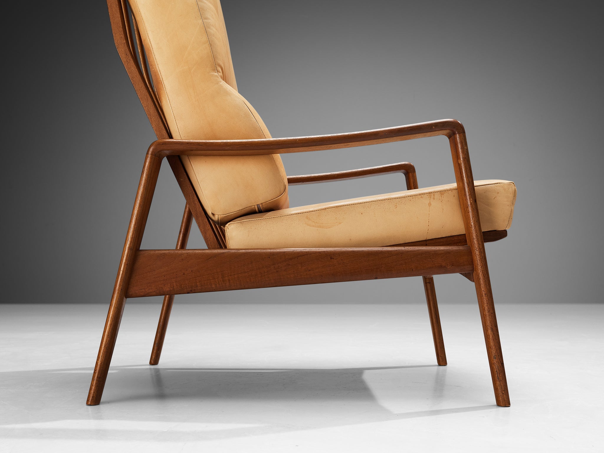 Arne Wahl Iversen Armchair with Ottoman in Teak and Camel Leather seating Morentz