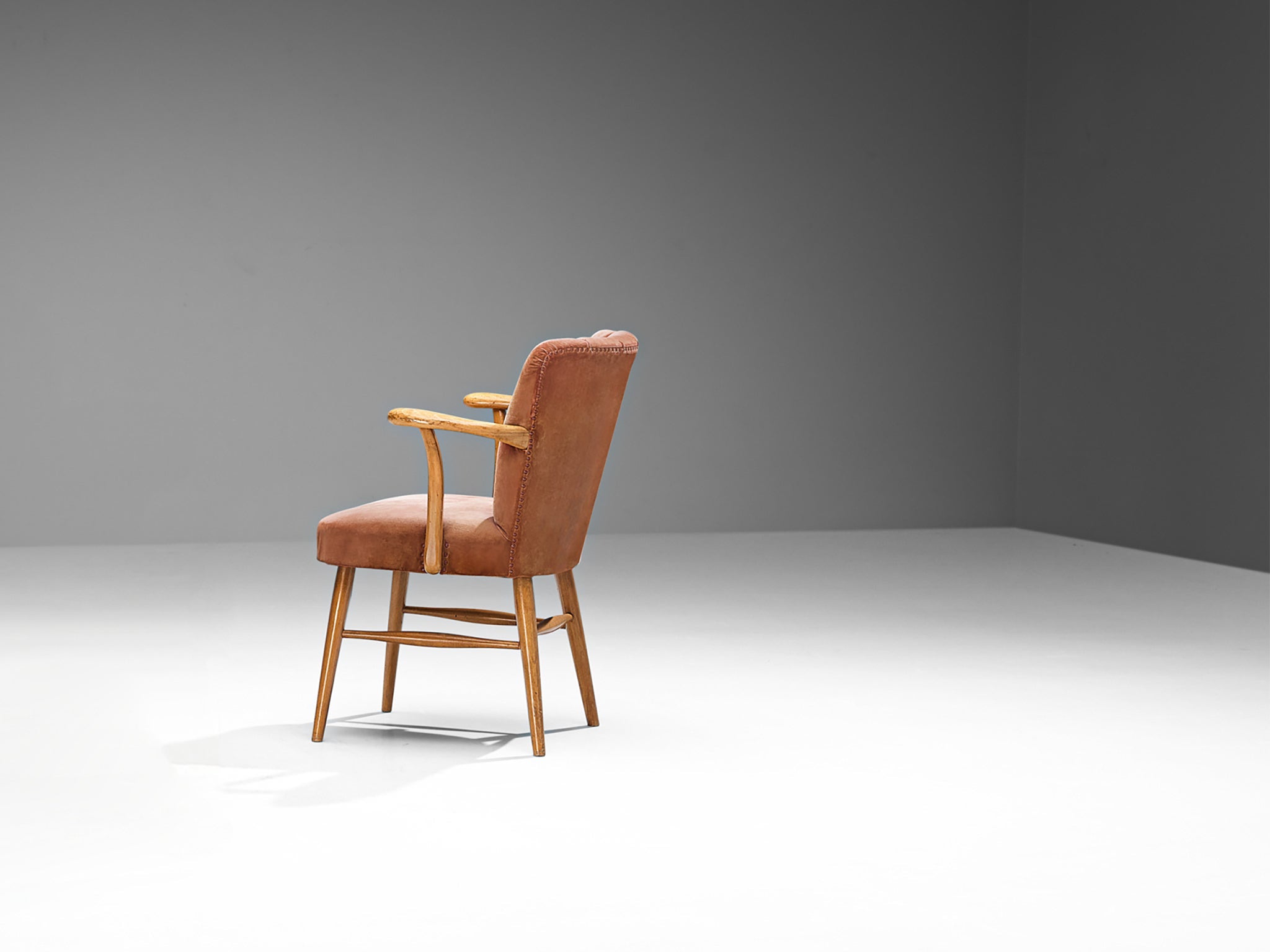 European Armchair in Soft Pink Velvet Upholstery and Wood seating Morentz