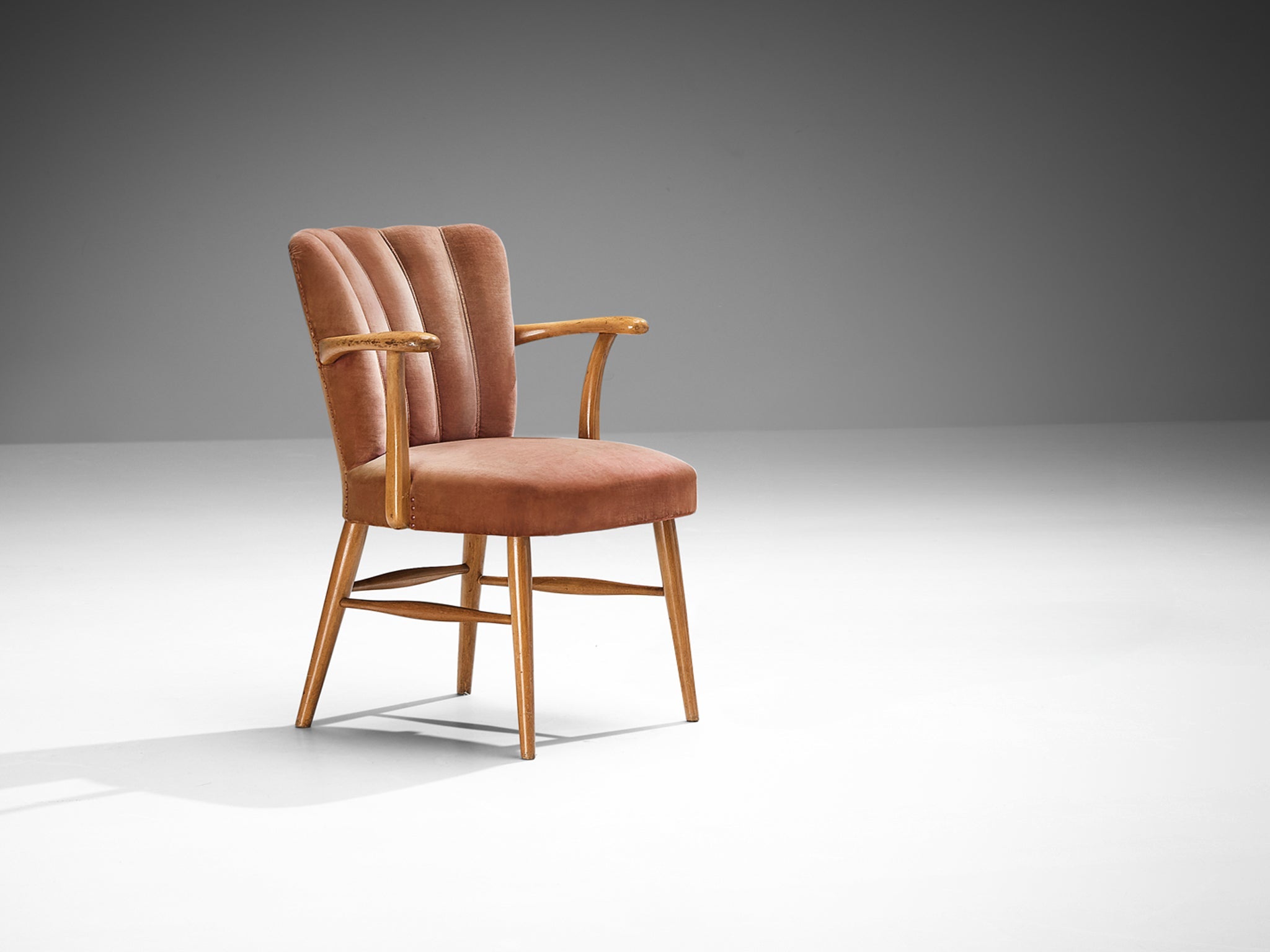 European Armchair in Soft Pink Velvet Upholstery and Wood seating Morentz