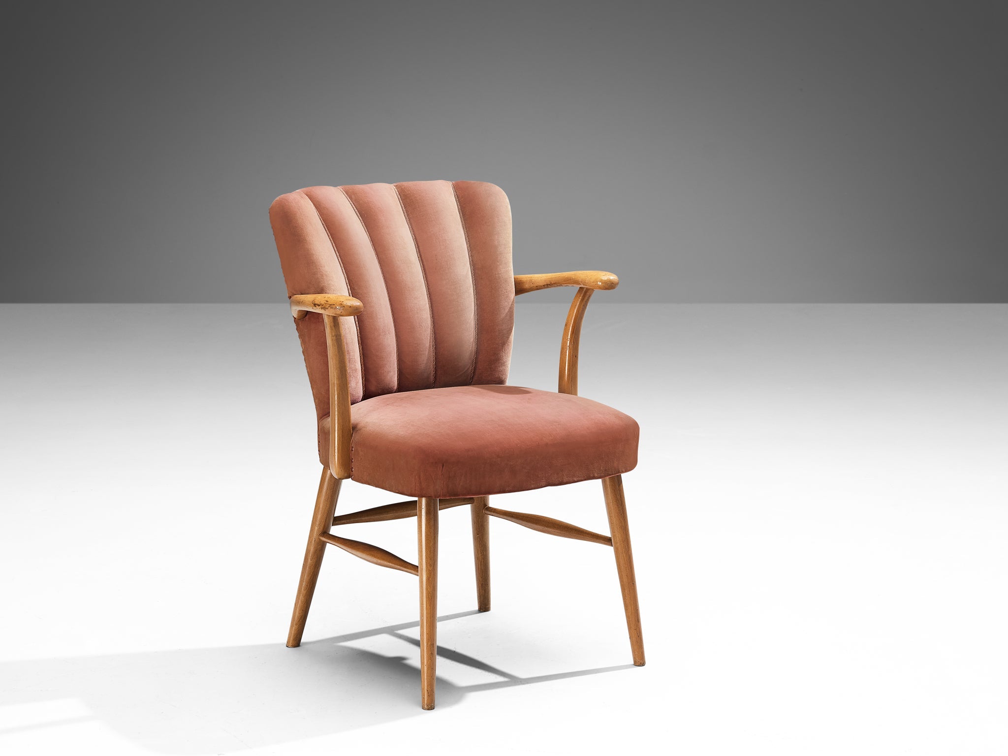 European Armchair in Soft Pink Velvet Upholstery and Wood seating Morentz