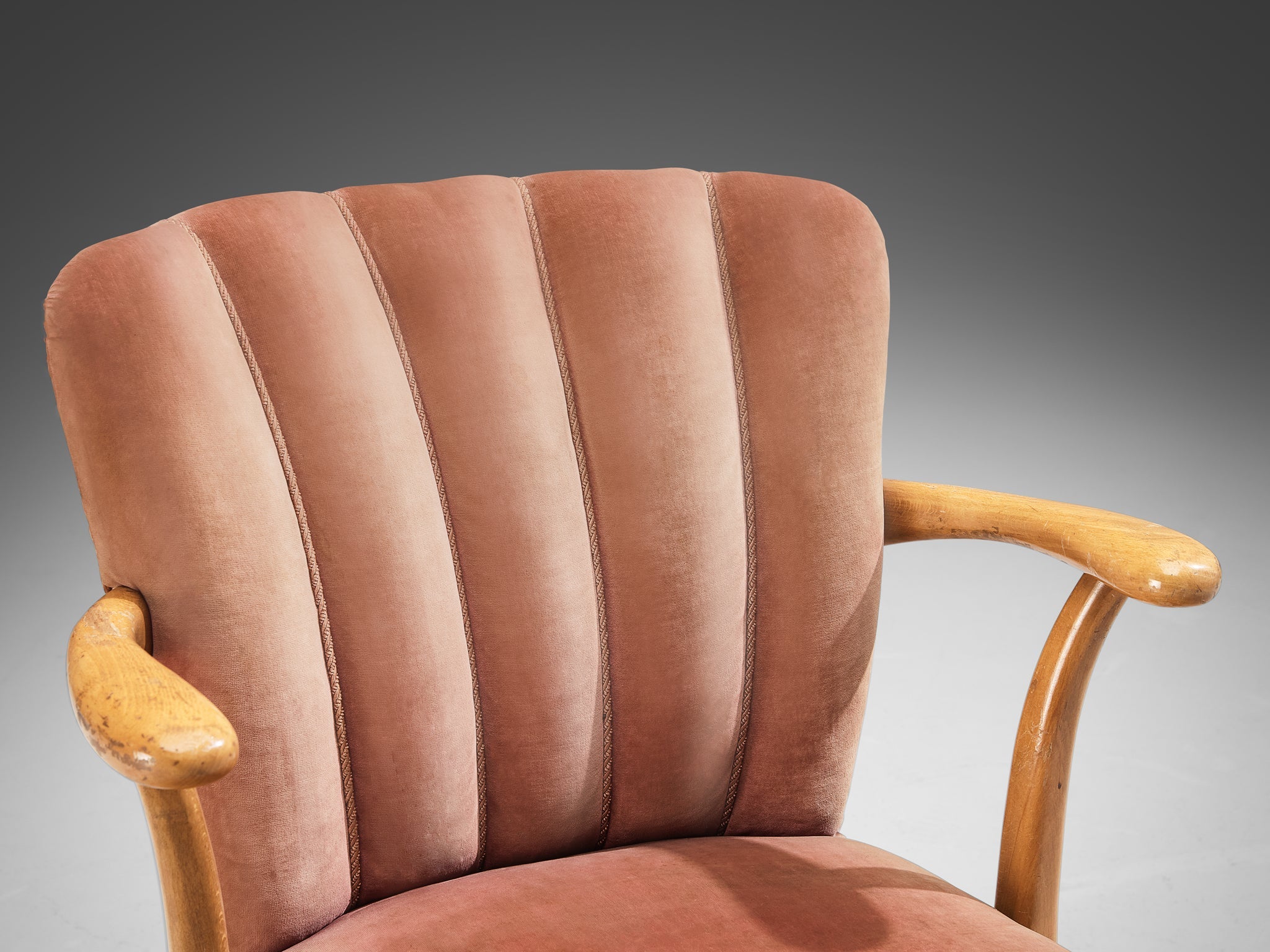 European Armchair in Soft Pink Velvet Upholstery and Wood seating Morentz