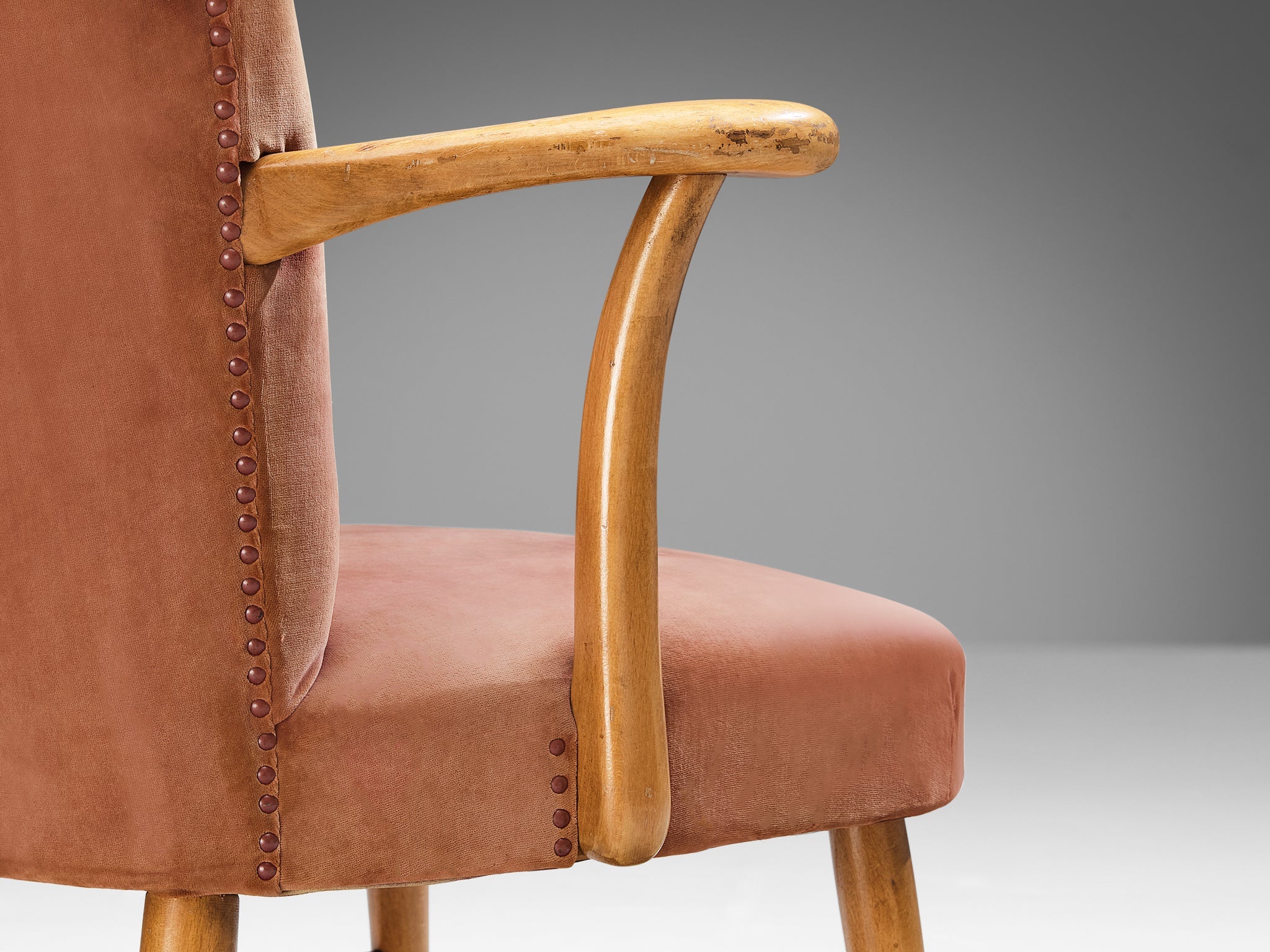 European Armchair in Soft Pink Velvet Upholstery and Wood seating Morentz