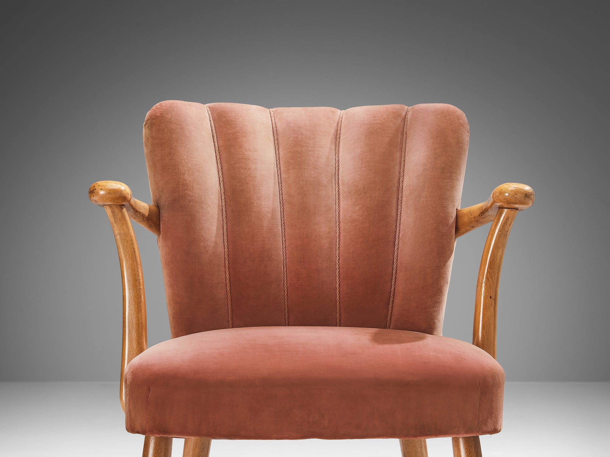 European Armchair in Soft Pink Velvet Upholstery and Wood seating Morentz