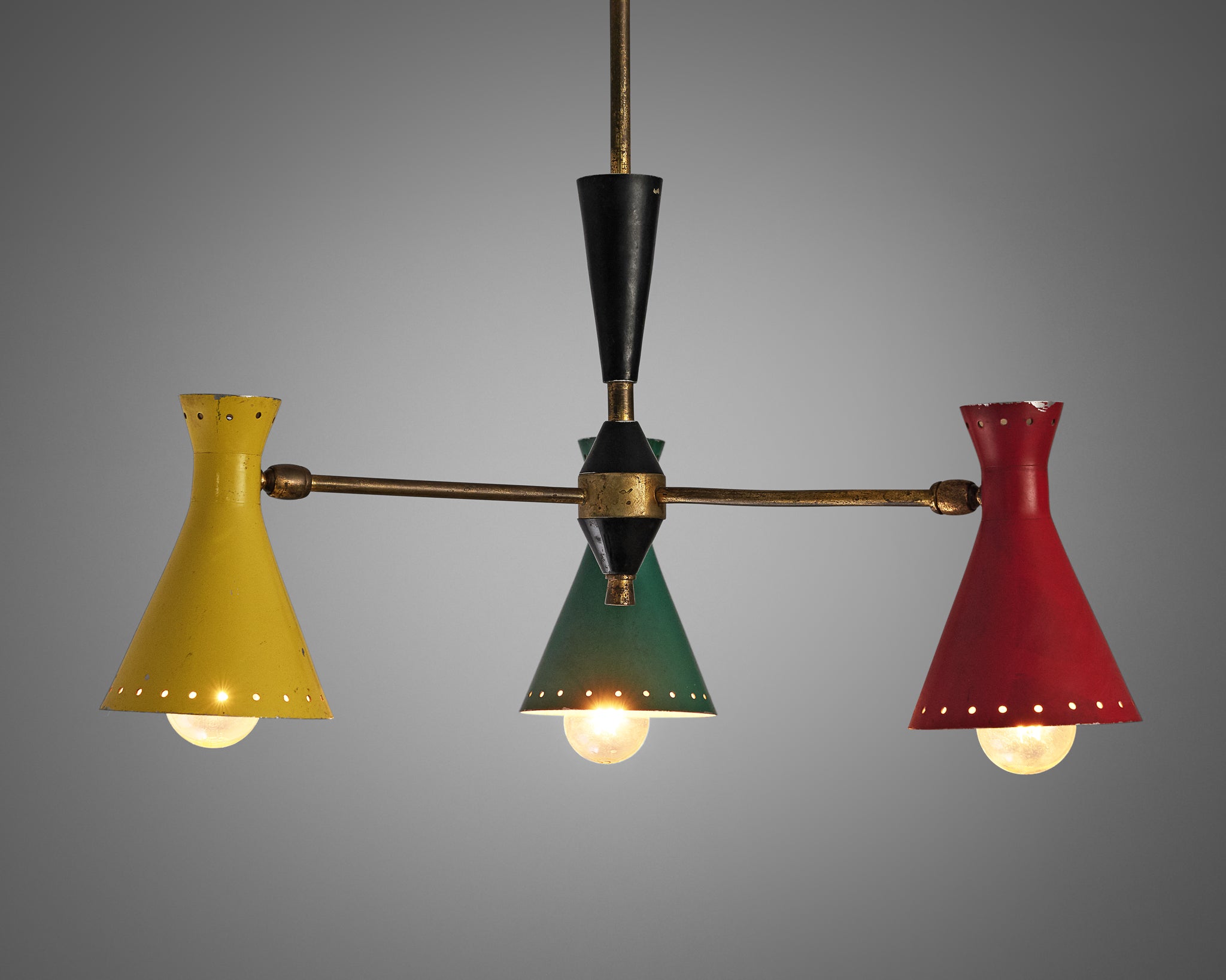 Italian Chandelier with Three Colorful Patinated Shades