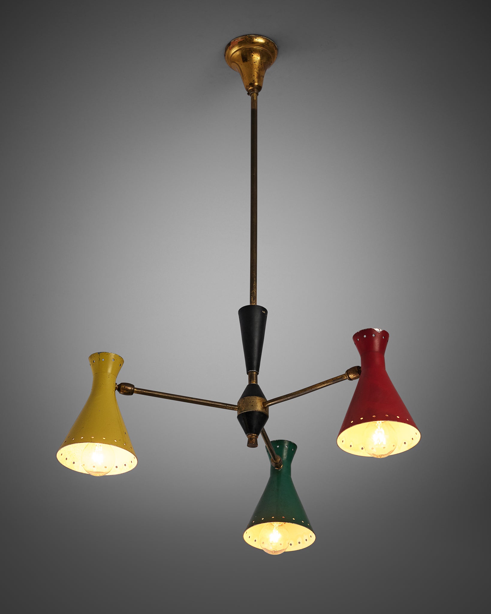 Italian Chandelier with Three Colorful Patinated Shades