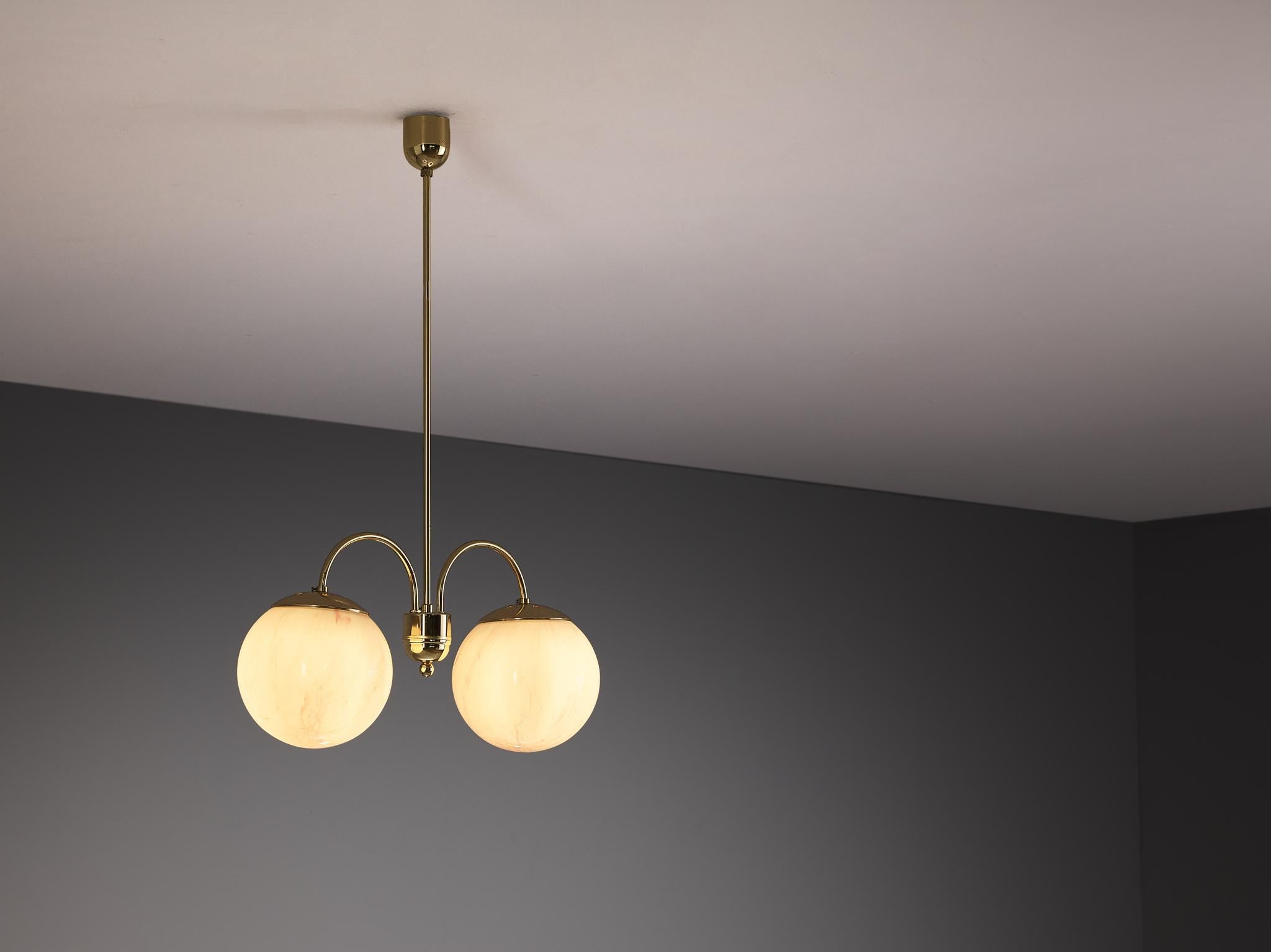 Chandelier with Pink Marbled Glass Spheres and Brass lighting Morentz