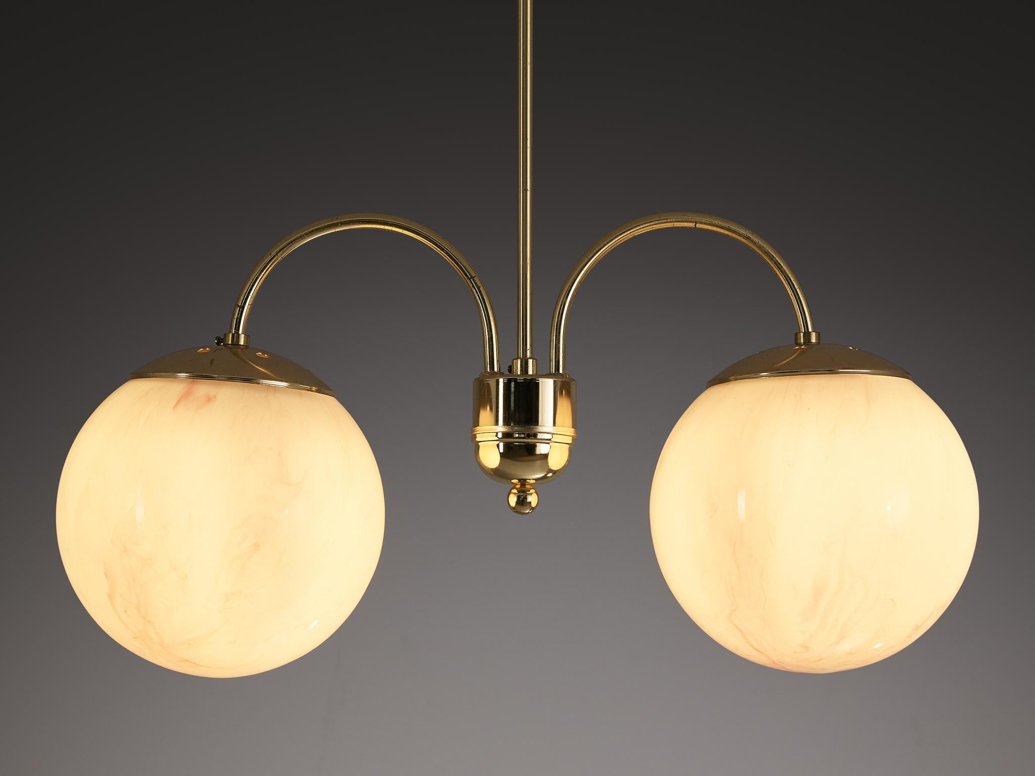 Chandelier with Pink Marbled Glass Spheres and Brass lighting Morentz