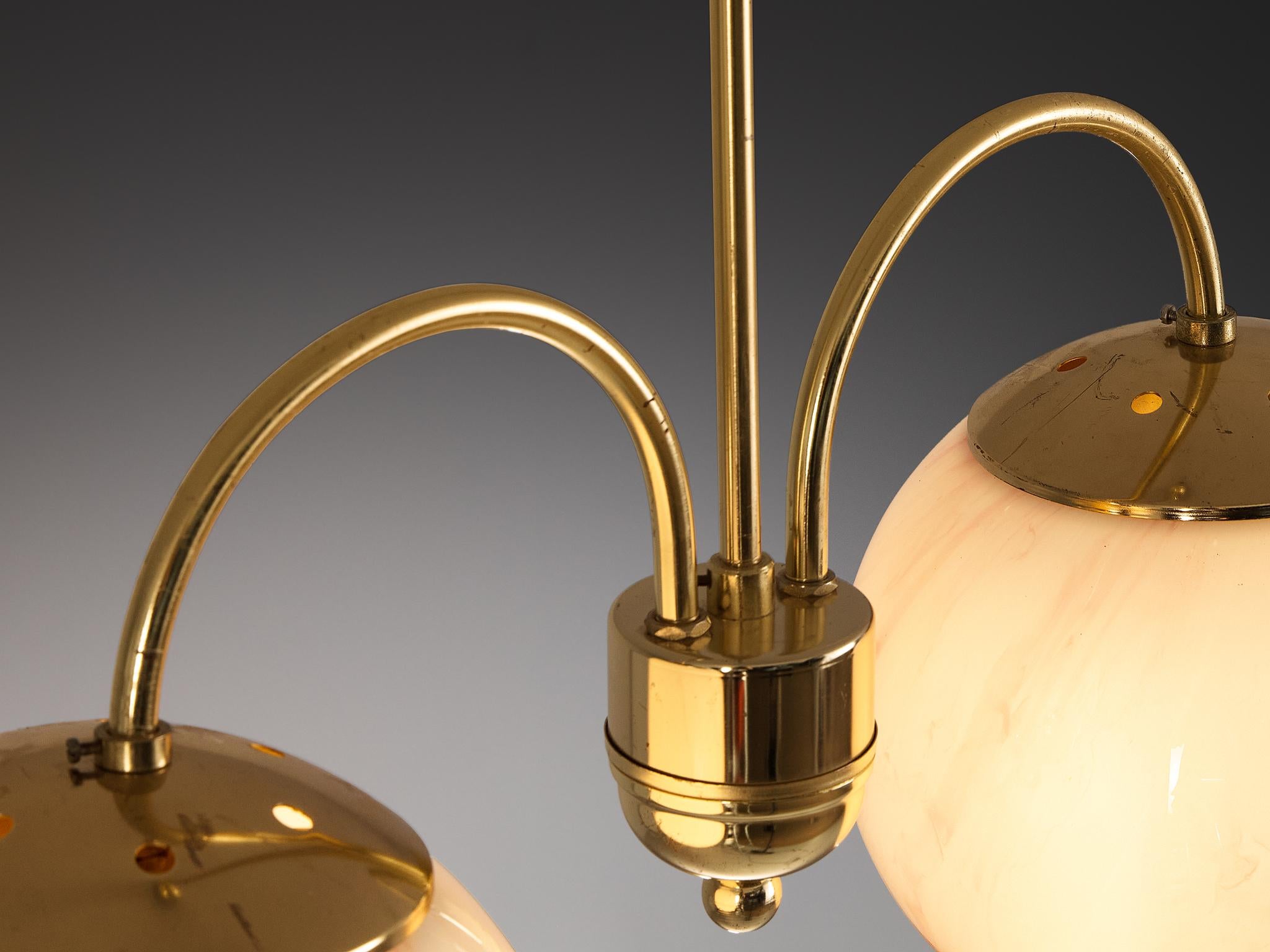 Chandelier with Pink Marbled Glass Spheres and Brass lighting Morentz