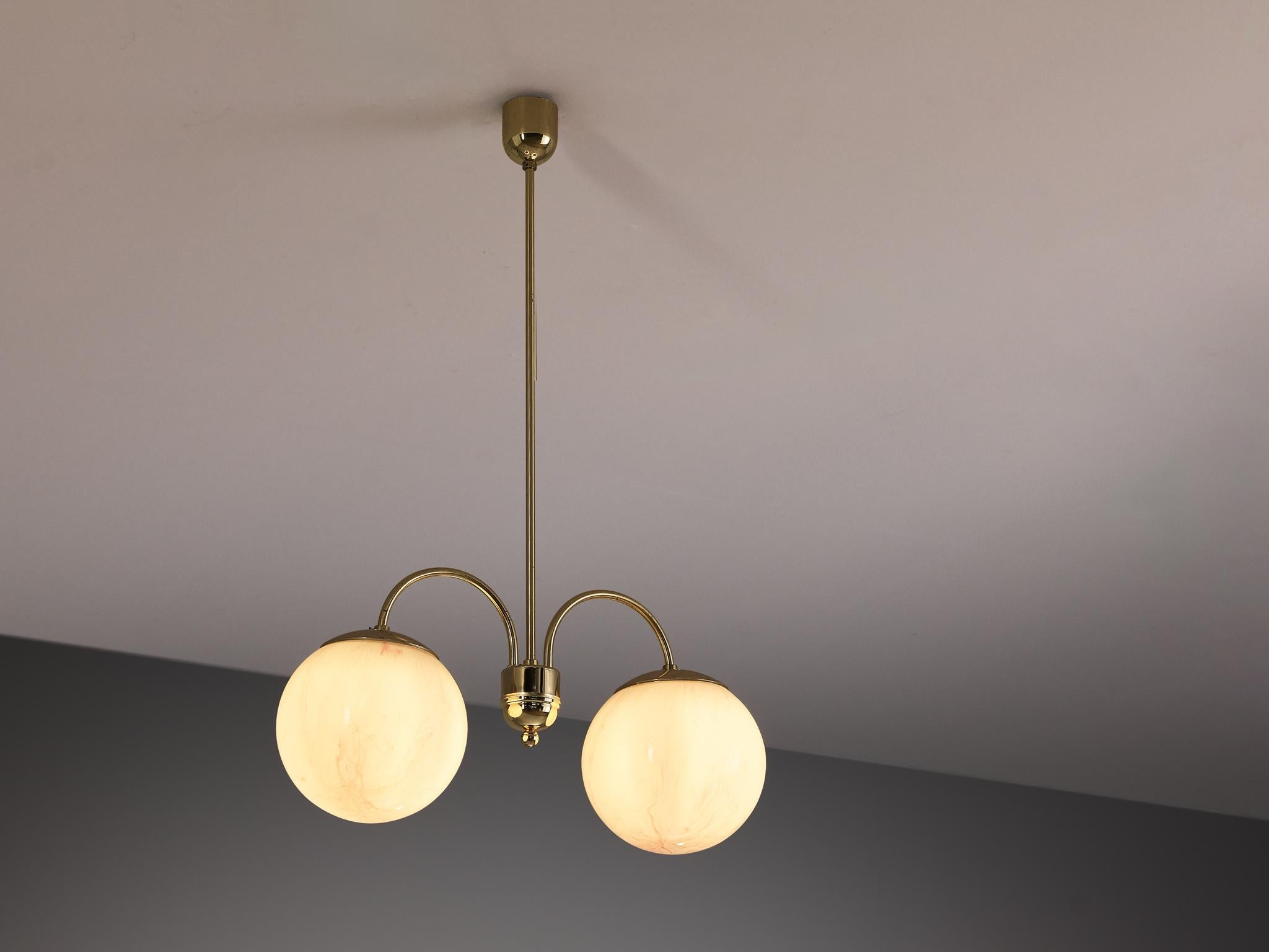 Chandelier with Pink Marbled Glass Spheres and Brass lighting Morentz