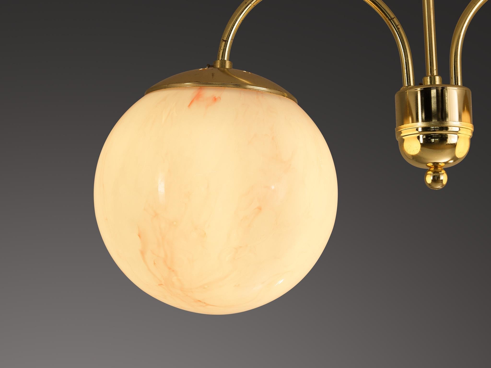 Chandelier with Pink Marbled Glass Spheres and Brass lighting Morentz