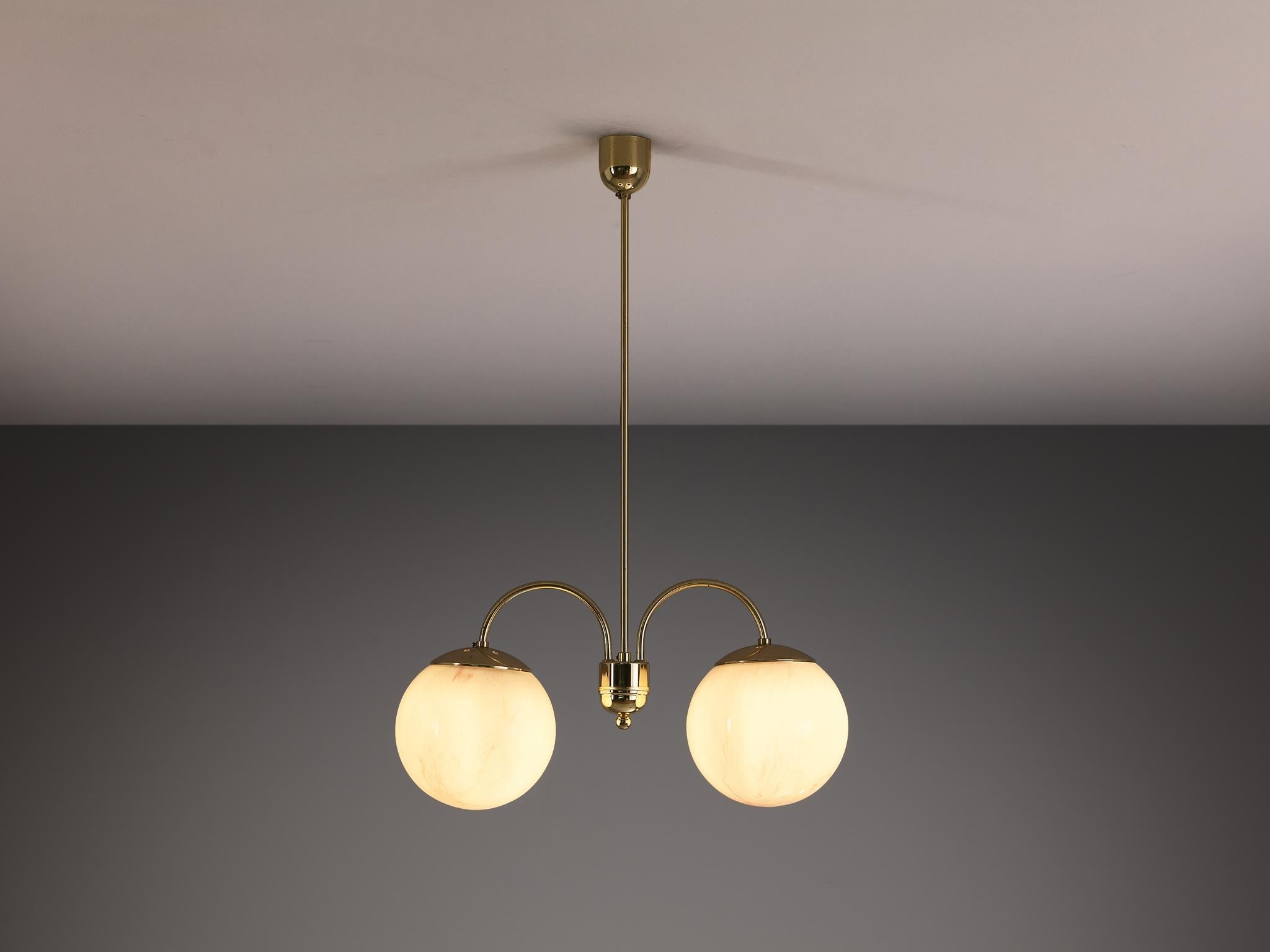 Chandelier with Pink Marbled Glass Spheres and Brass lighting Morentz