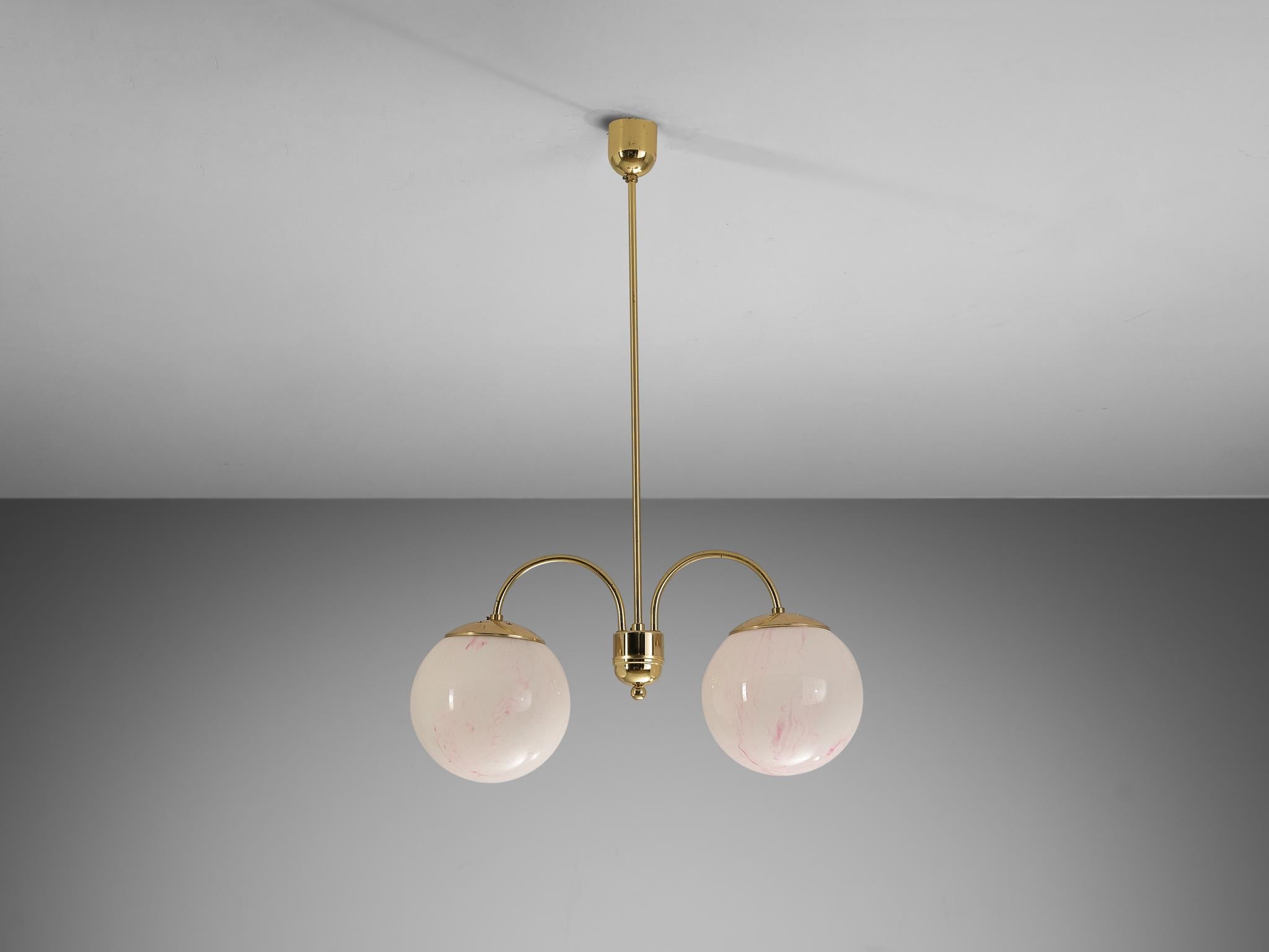 Chandelier with Pink Marbled Glass Spheres and Brass lighting Morentz