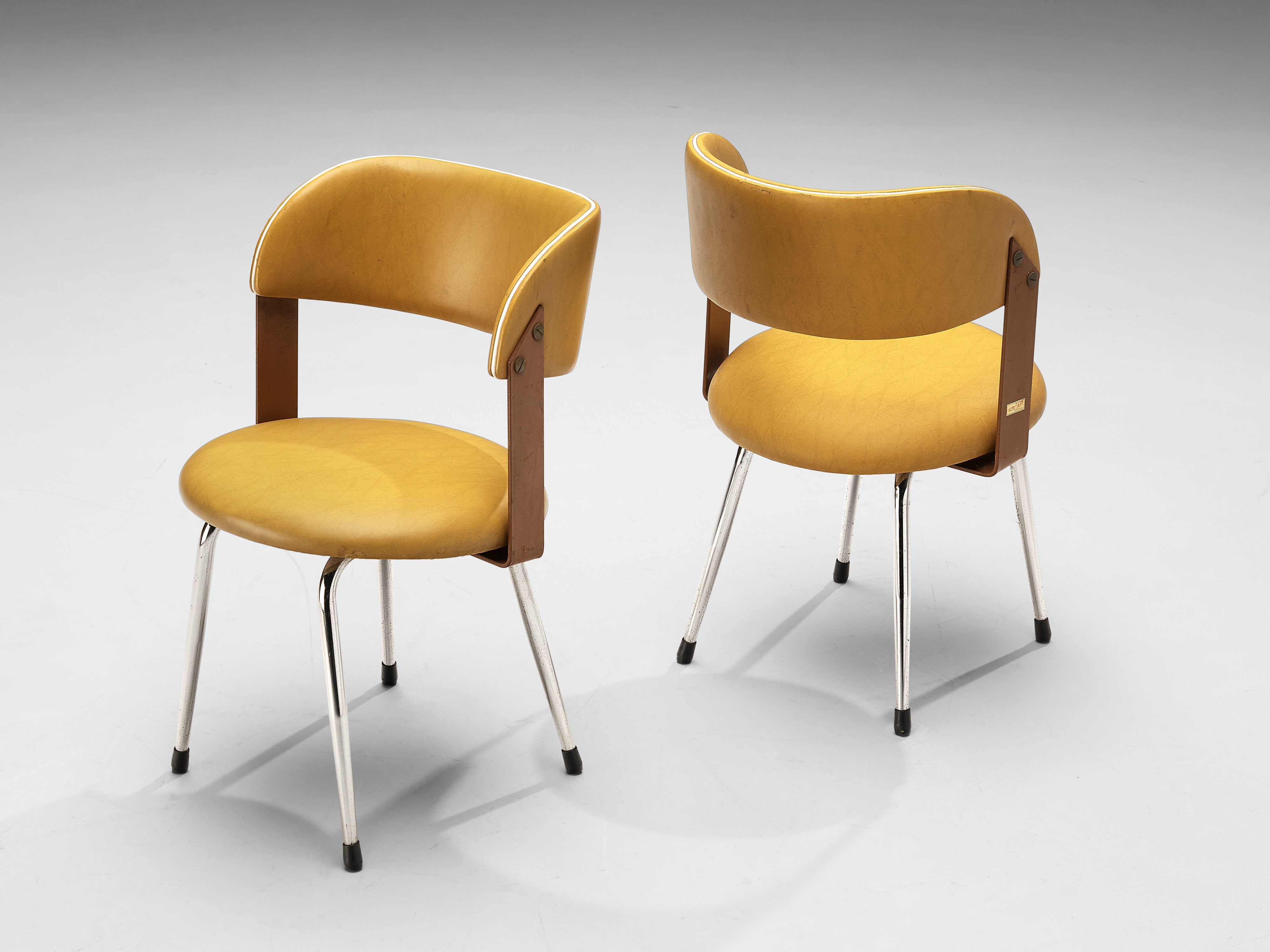 Italian Dining Chairs in Steel and Ocher Yellow Leatherette seating Morentz