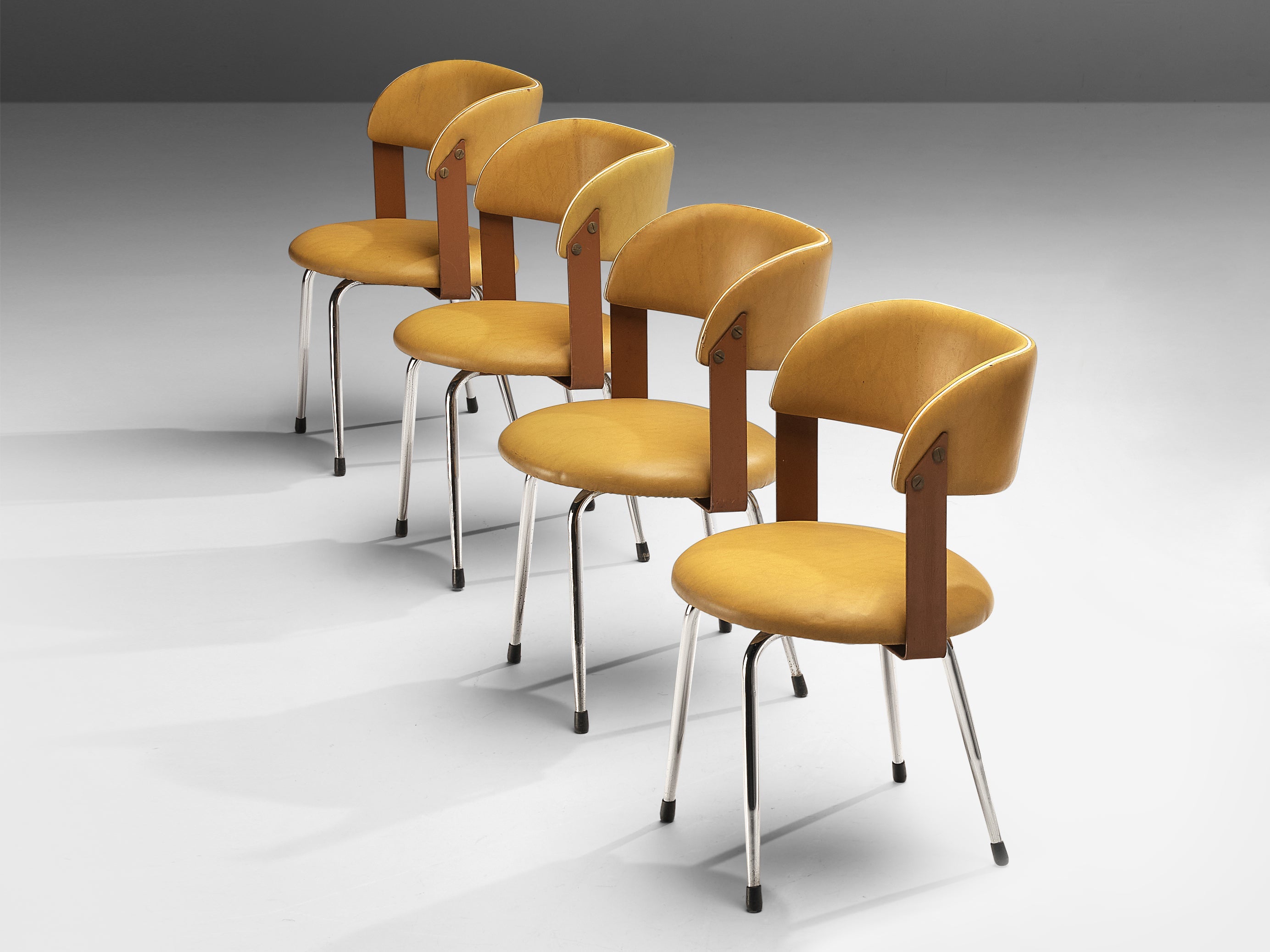 Italian Dining Chairs in Steel and Ocher Yellow Leatherette seating Morentz