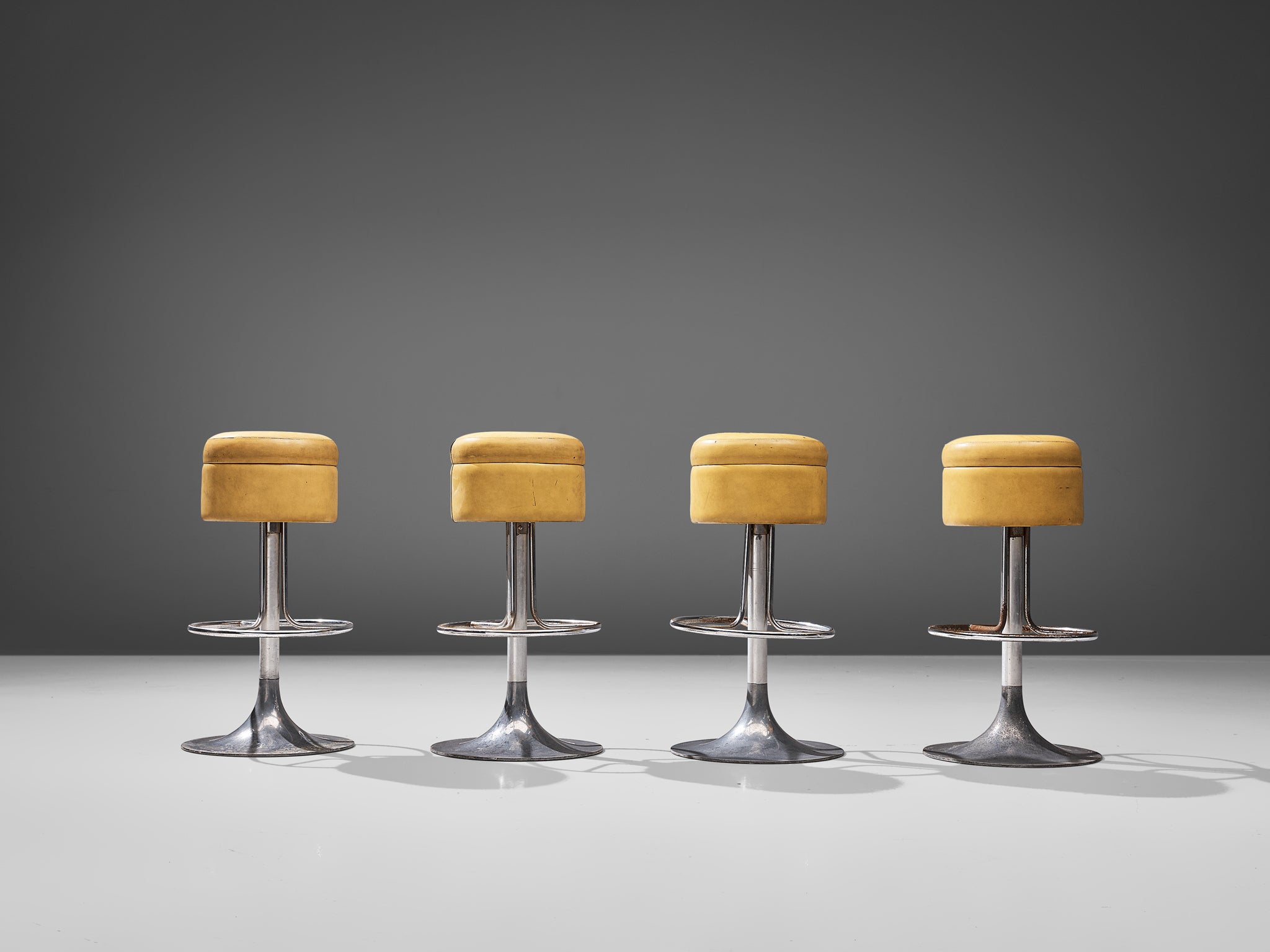 Italian Set of Four Swivel Barstools in Ochre Yellow Leatherette Seating Morentz