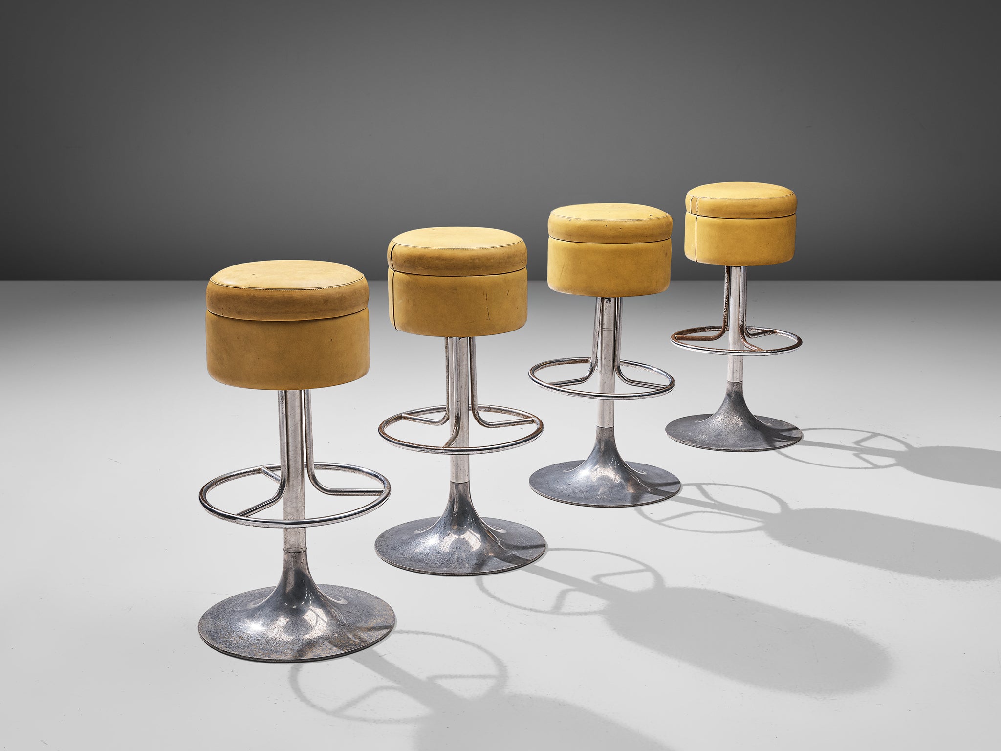 Italian Set of Four Swivel Barstools in Ochre Yellow Leatherette Seating Morentz