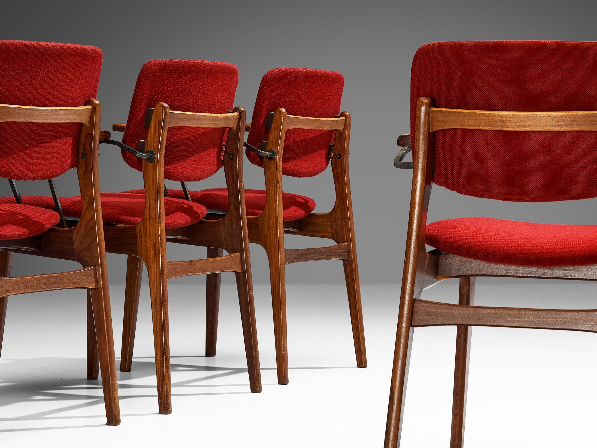 Dutch Set of Six Armchairs in Teak and Burgundy Red Upholstery seating Morentz