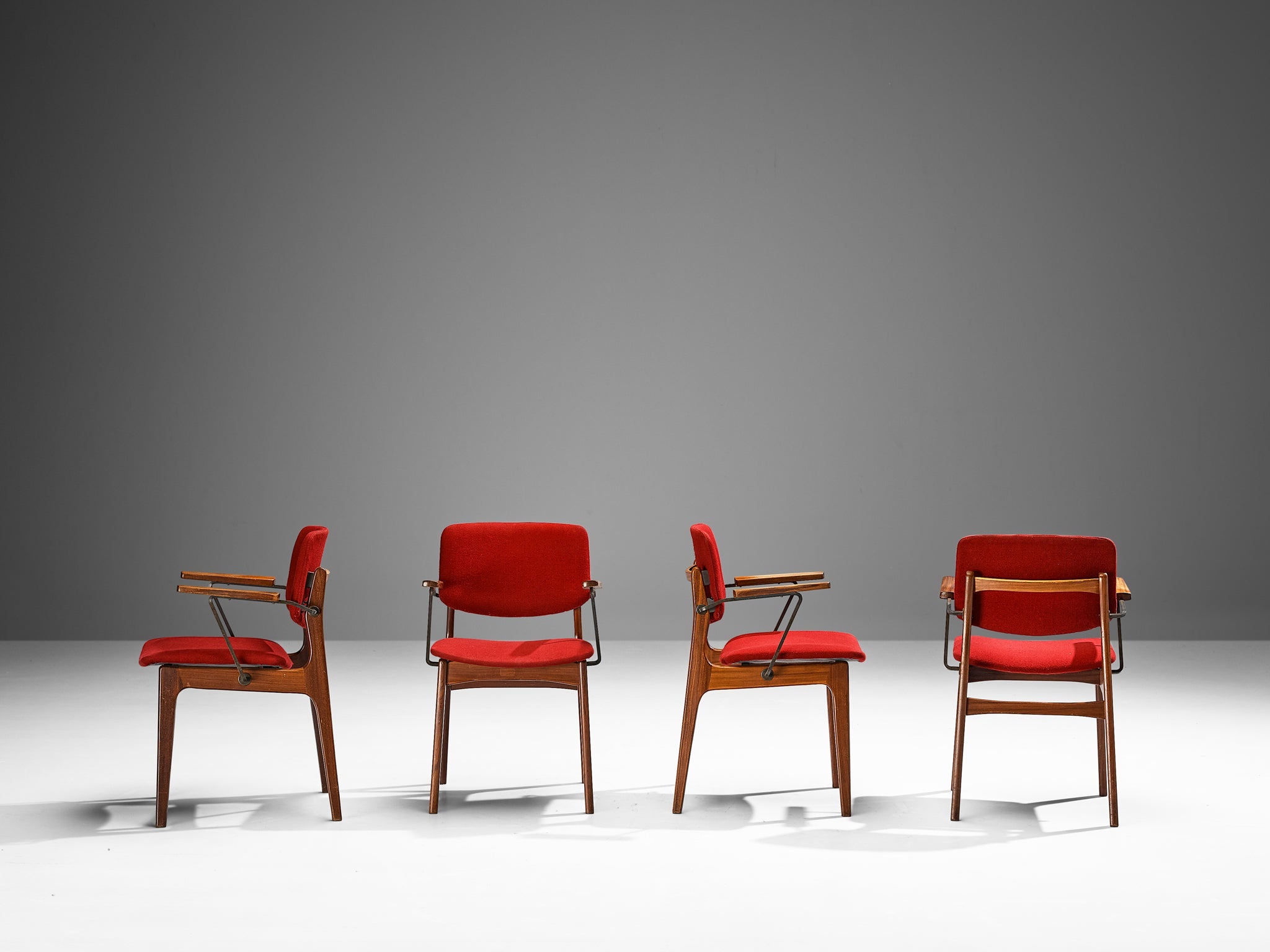 Dutch Set of Four Armchairs in Teak and Burgundy Red Upholstery seating Morentz