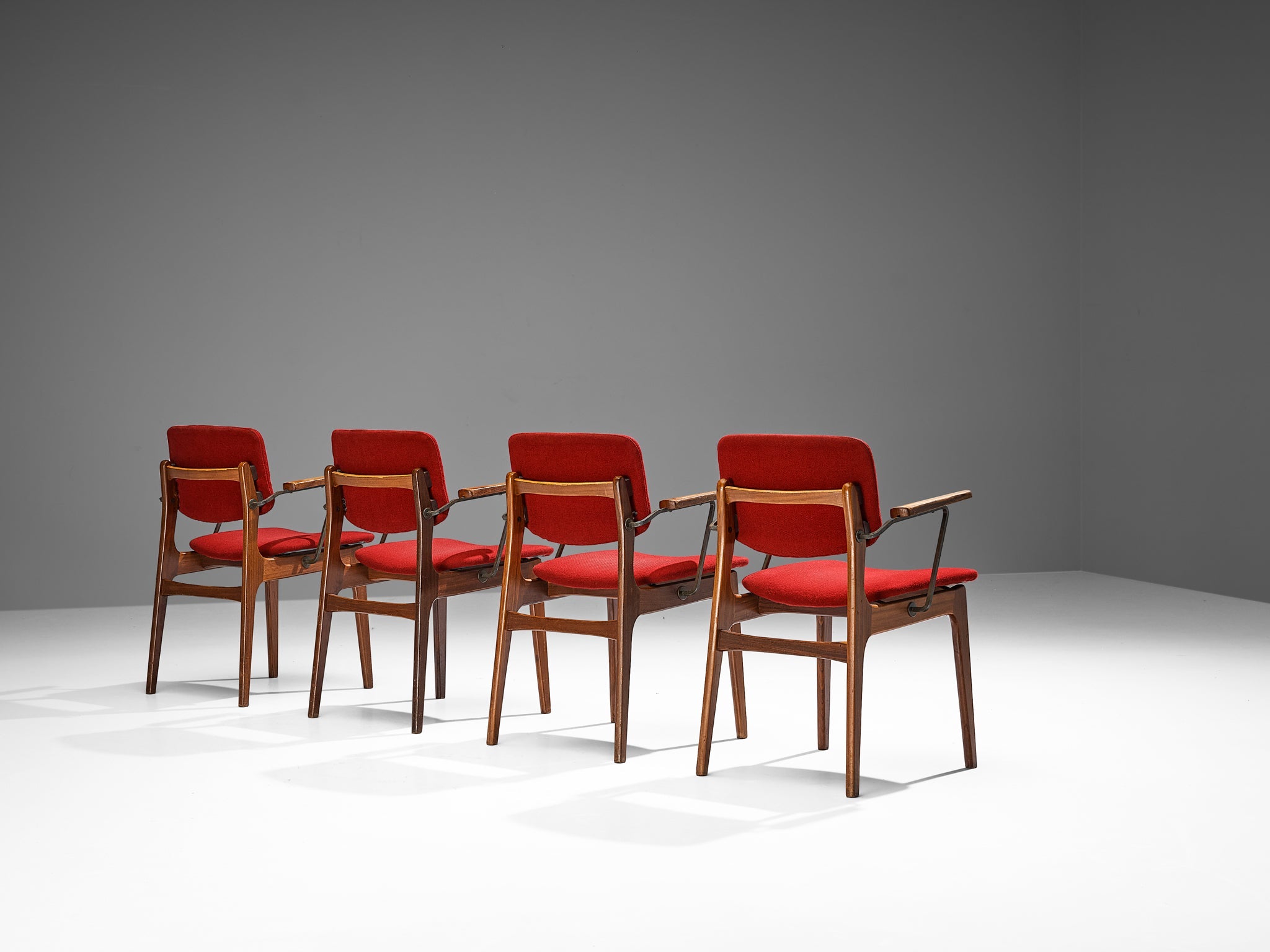 Dutch Set of Four Armchairs in Teak and Burgundy Red Upholstery seating Morentz