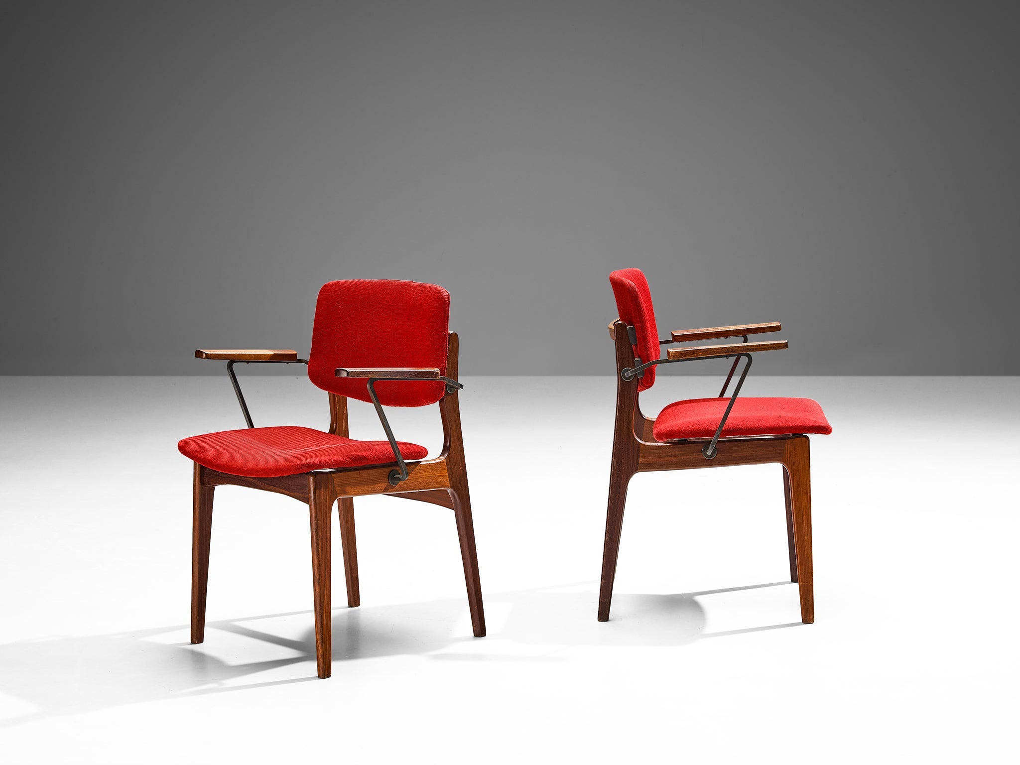 Dutch Set of Four Armchairs in Teak and Burgundy Red Upholstery seating Morentz