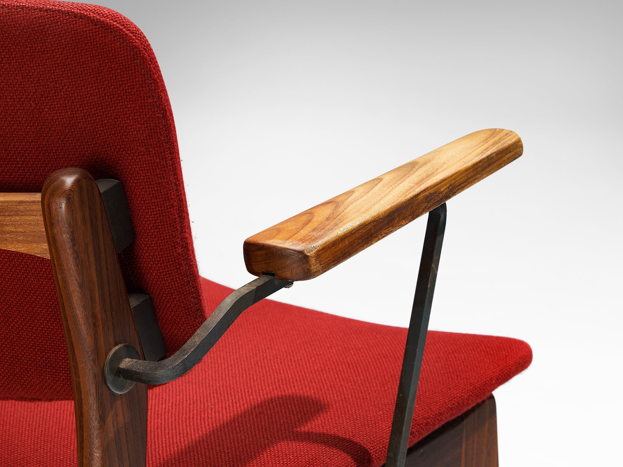 Dutch Set of Six Armchairs in Teak and Burgundy Red Upholstery seating Morentz