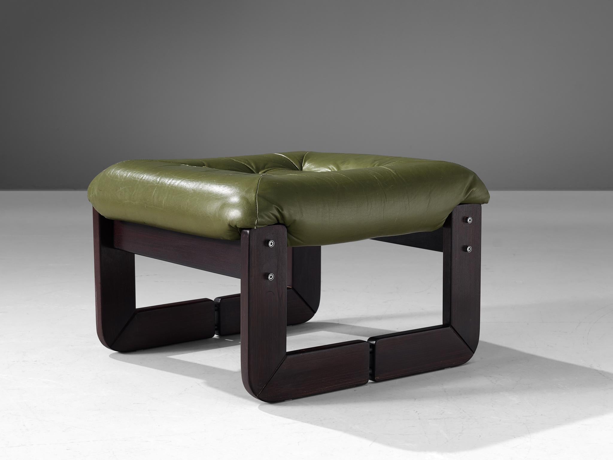 Percival Lafer Ottoman in Olive Green Leather and Mahogany