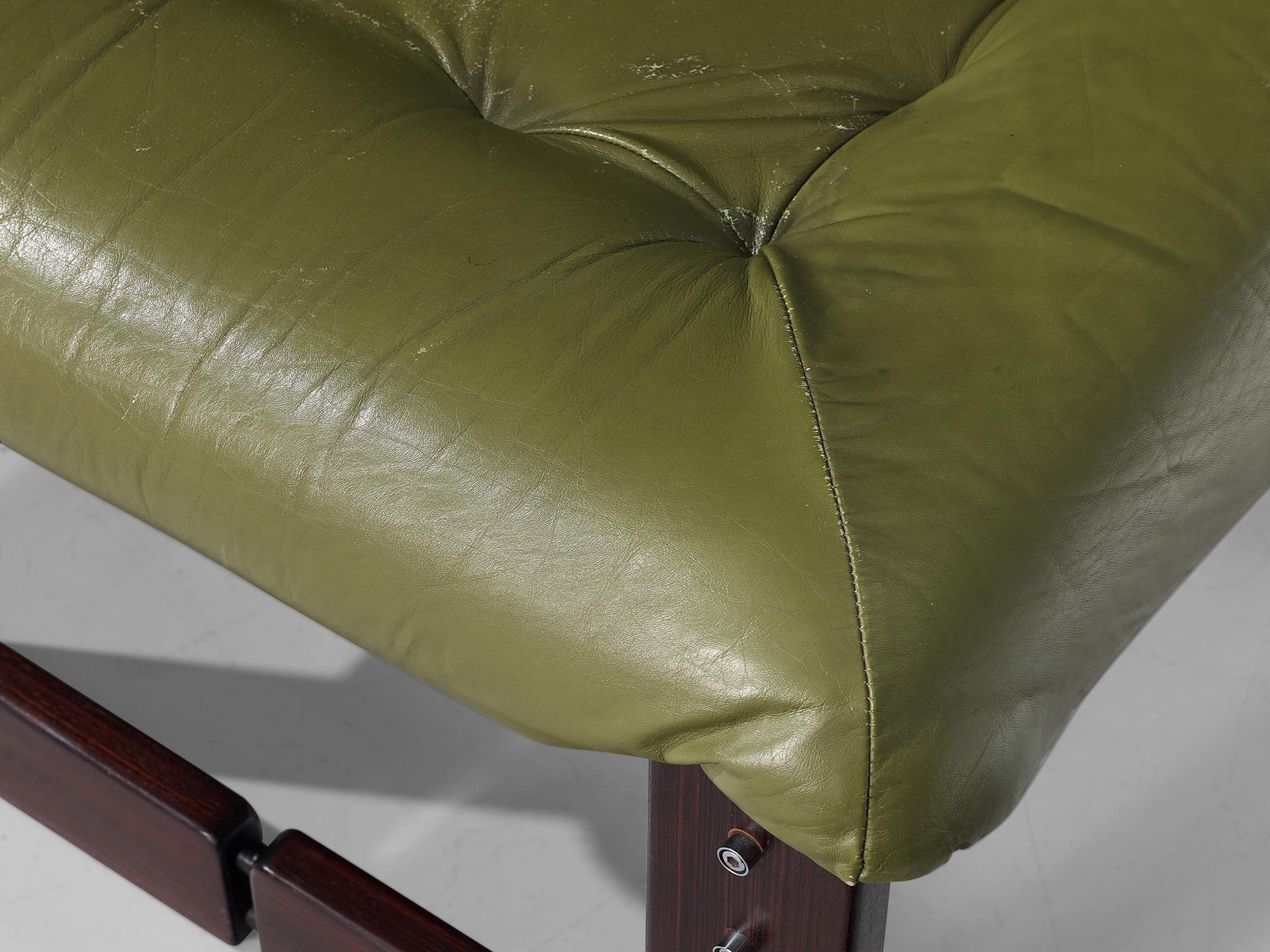 Percival Lafer Ottoman in Olive Green Leather and Mahogany seating Morentz