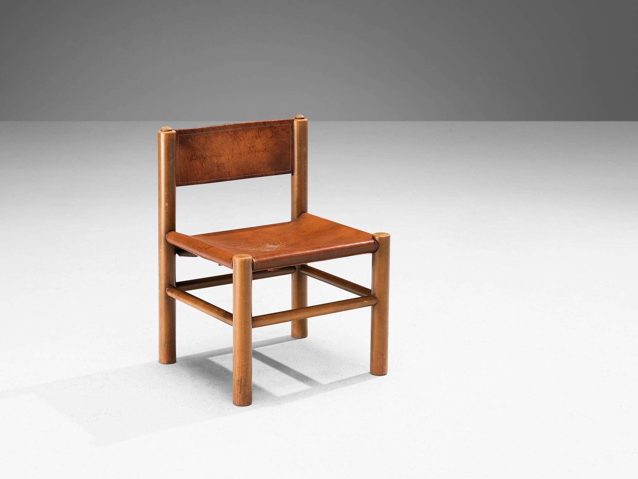 Spanish Side Chair in Cognac Brown Leather and Stained Wood seating Morentz