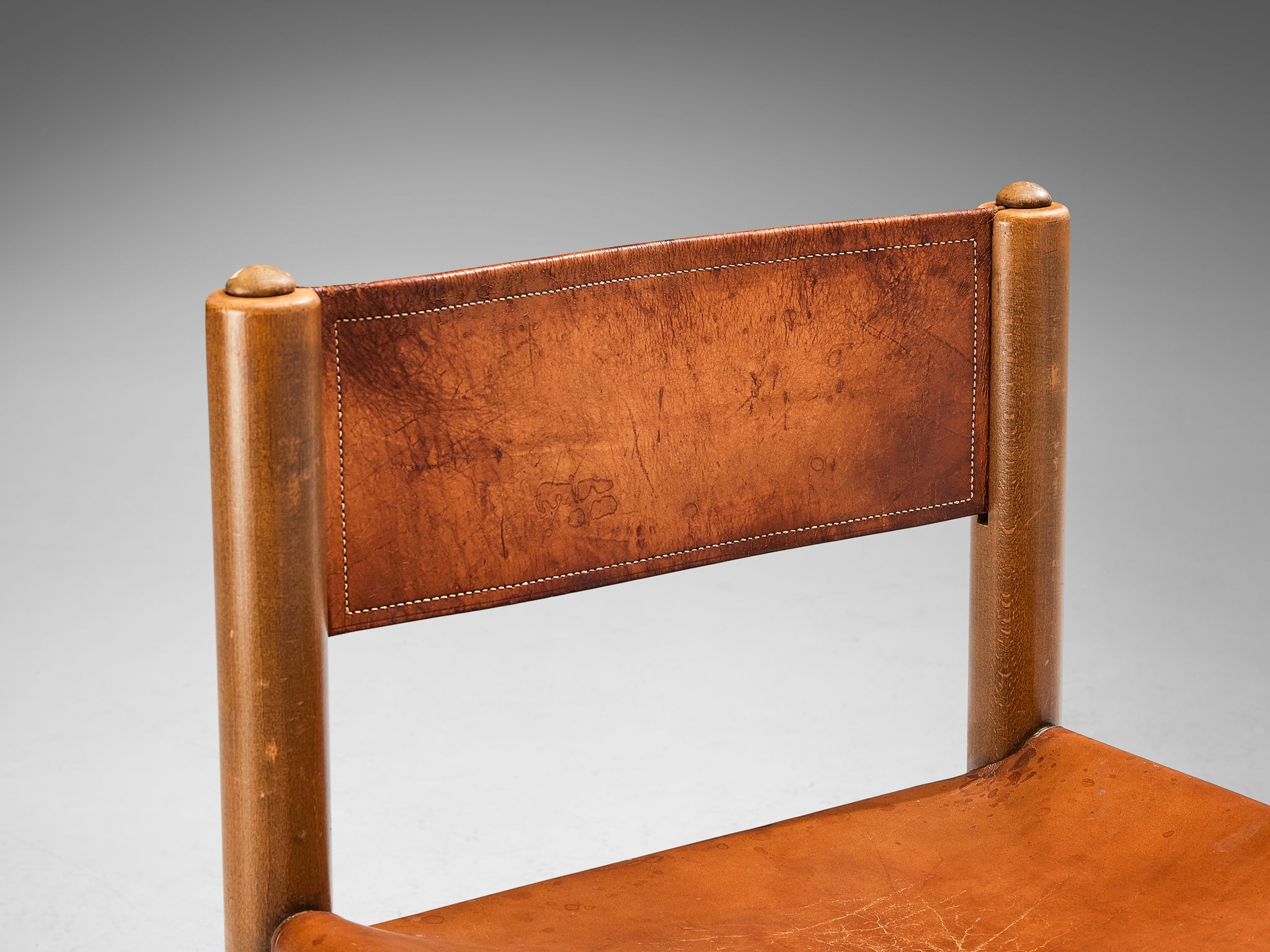 Spanish Side Chair in Cognac Brown Leather and Stained Wood seating Morentz