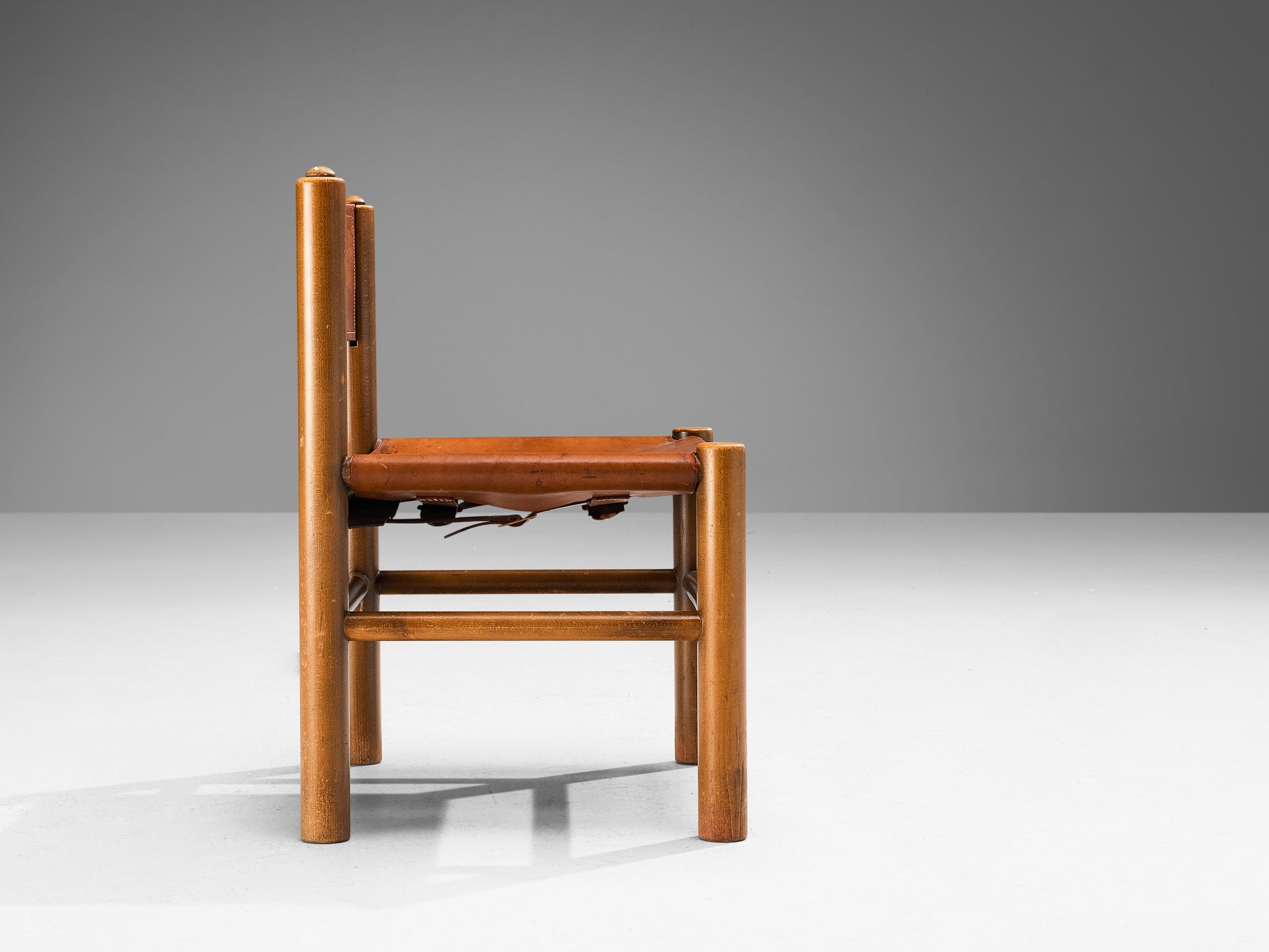 Spanish Side Chair in Cognac Brown Leather and Stained Wood seating Morentz