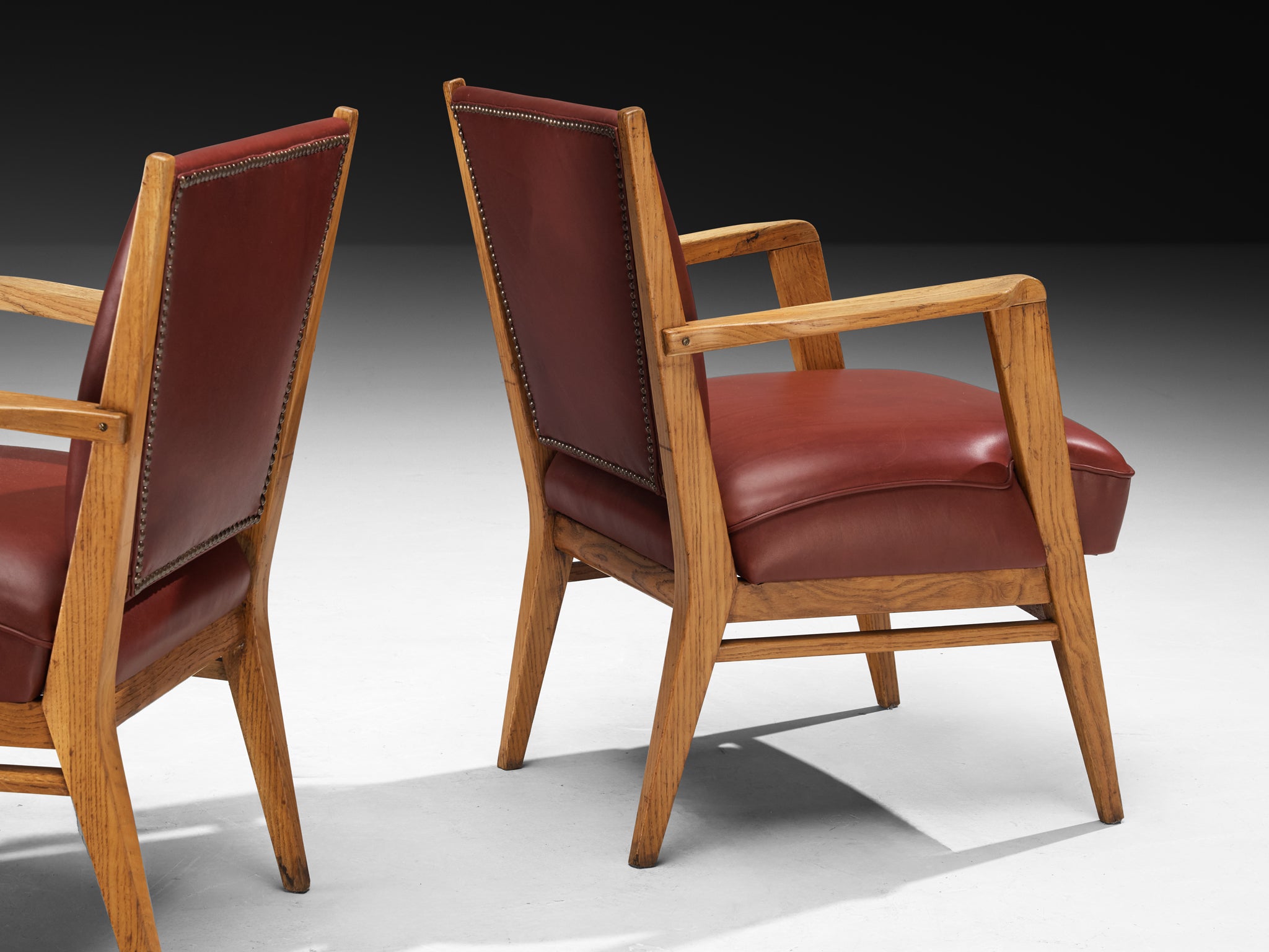 Studio B.B.P.R. Lounge Chairs in Burgundy Red Leather and Oak Seating Morentz
