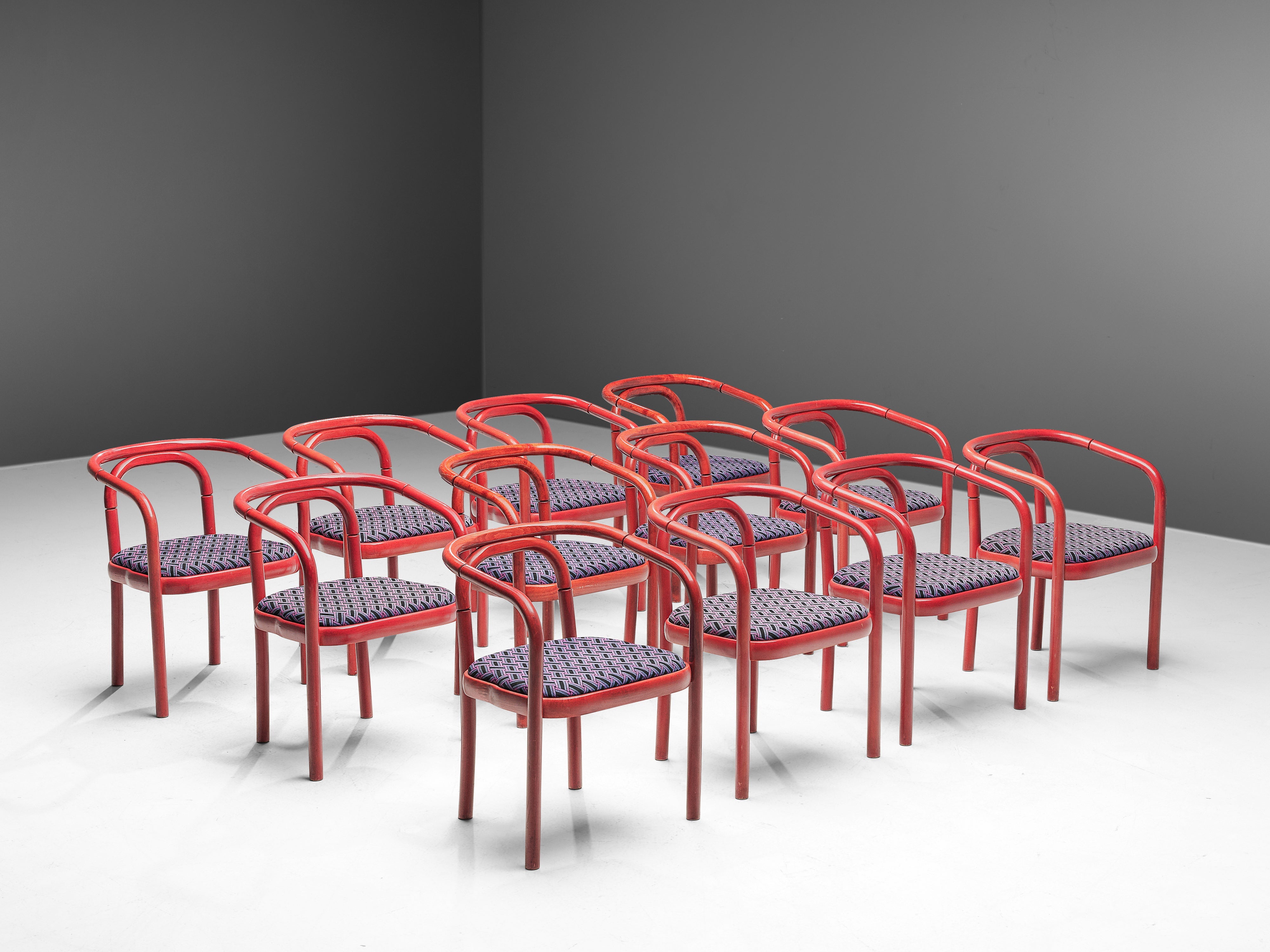 Antonín Šuman for TON Dining Chairs with Red Frames and Patterned Upholstery seating Morentz