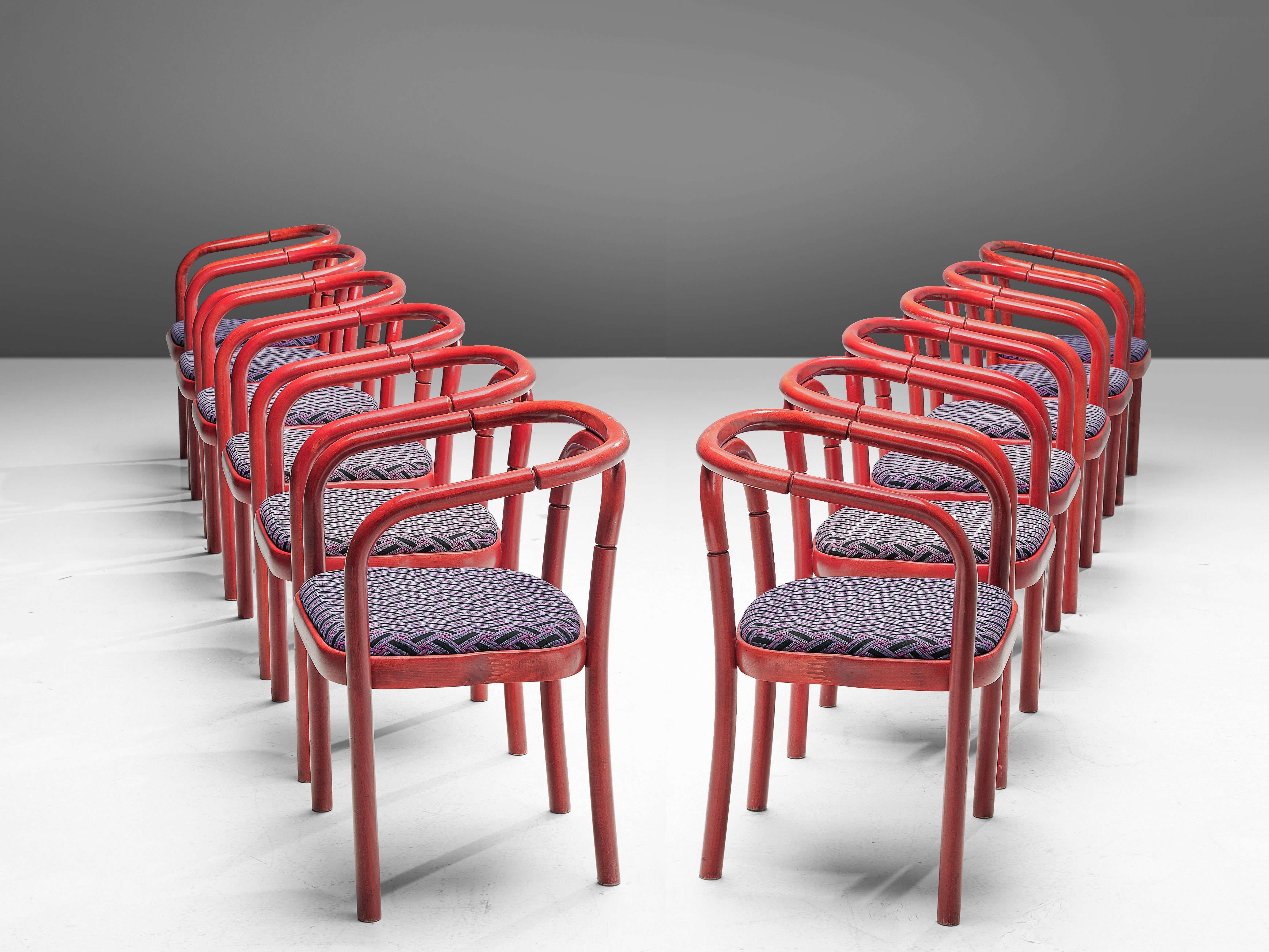 Antonín Šuman for TON Dining Chairs with Red Frames and Patterned Upholstery seating Morentz