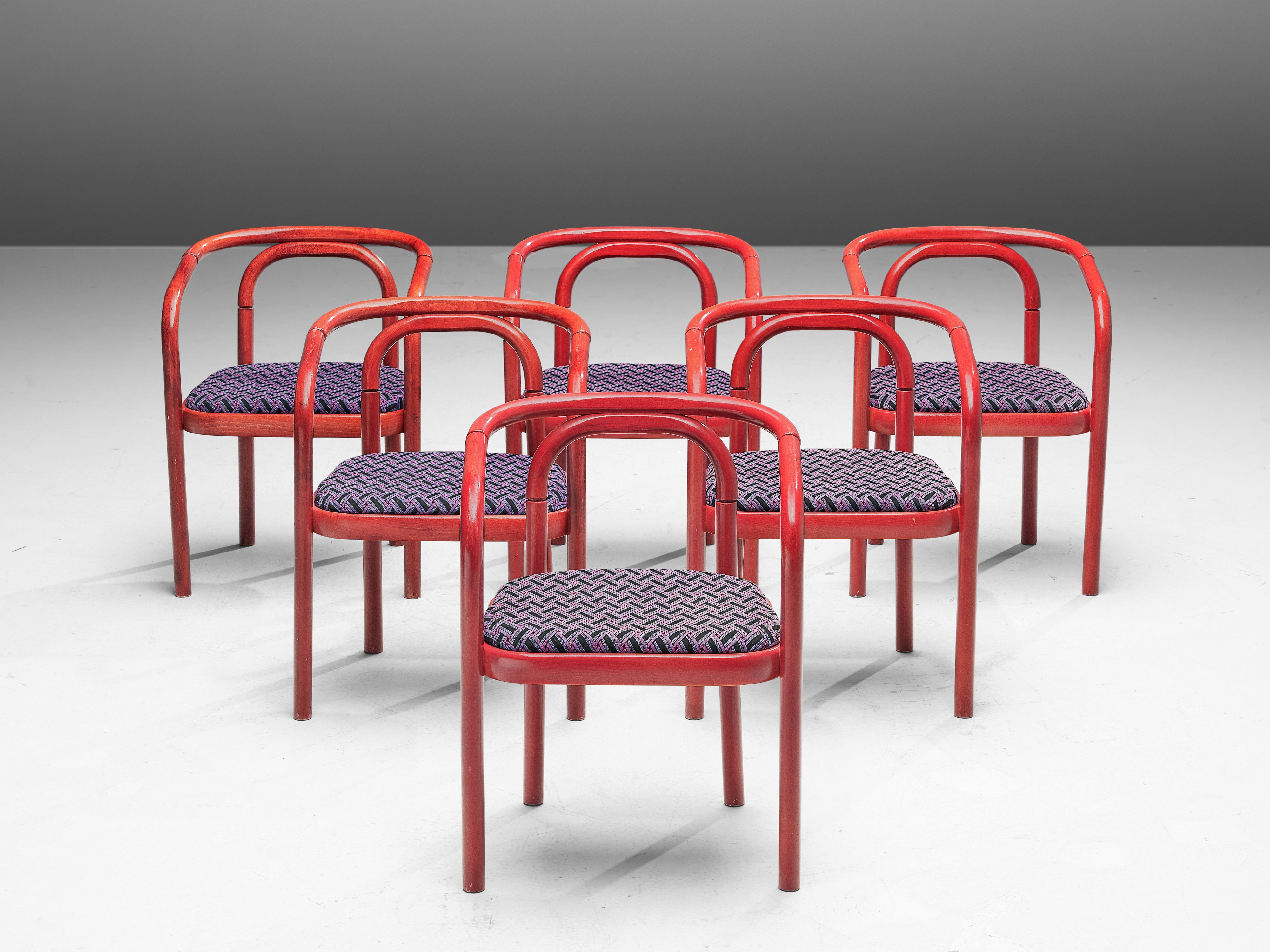 Antonín Šuman for TON Dining Chairs with Red Frames and Patterned Upholstery seating Morentz