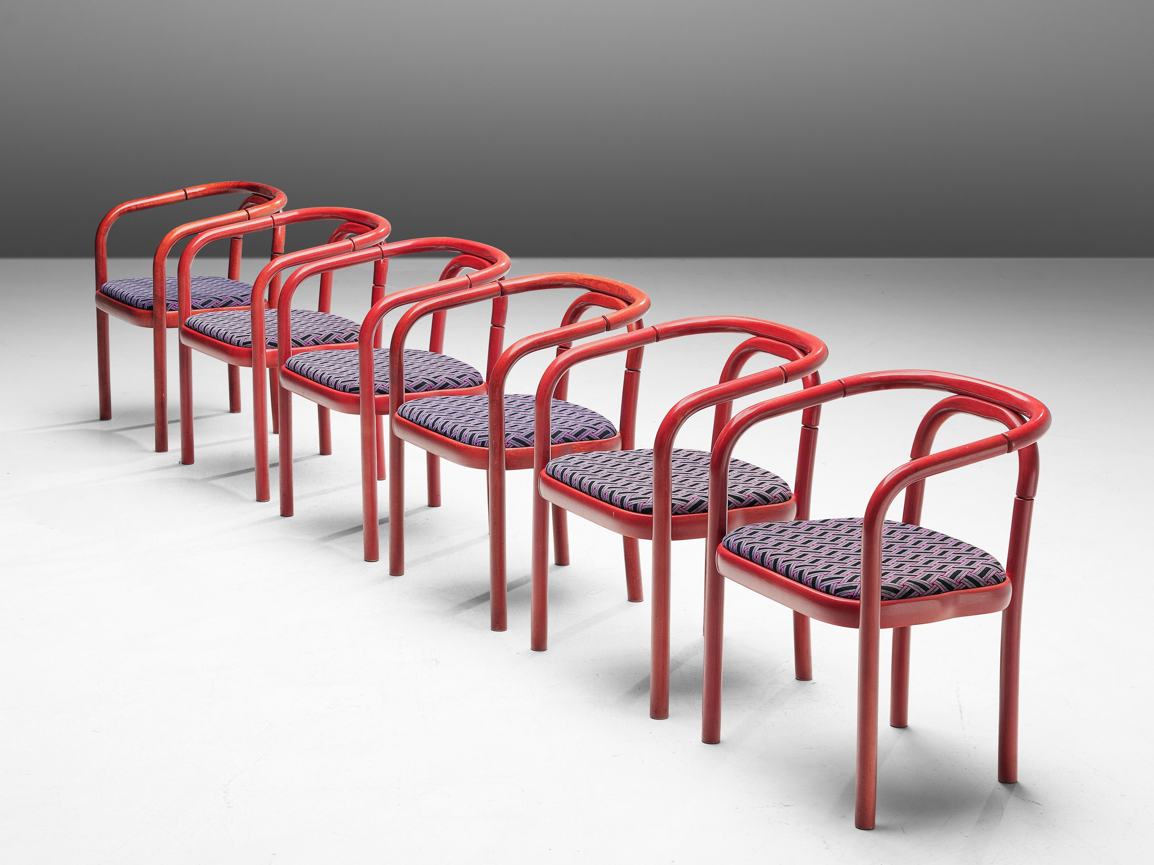 Antonín Šuman for TON Dining Chairs with Red Frames and Patterned Upholstery seating Morentz