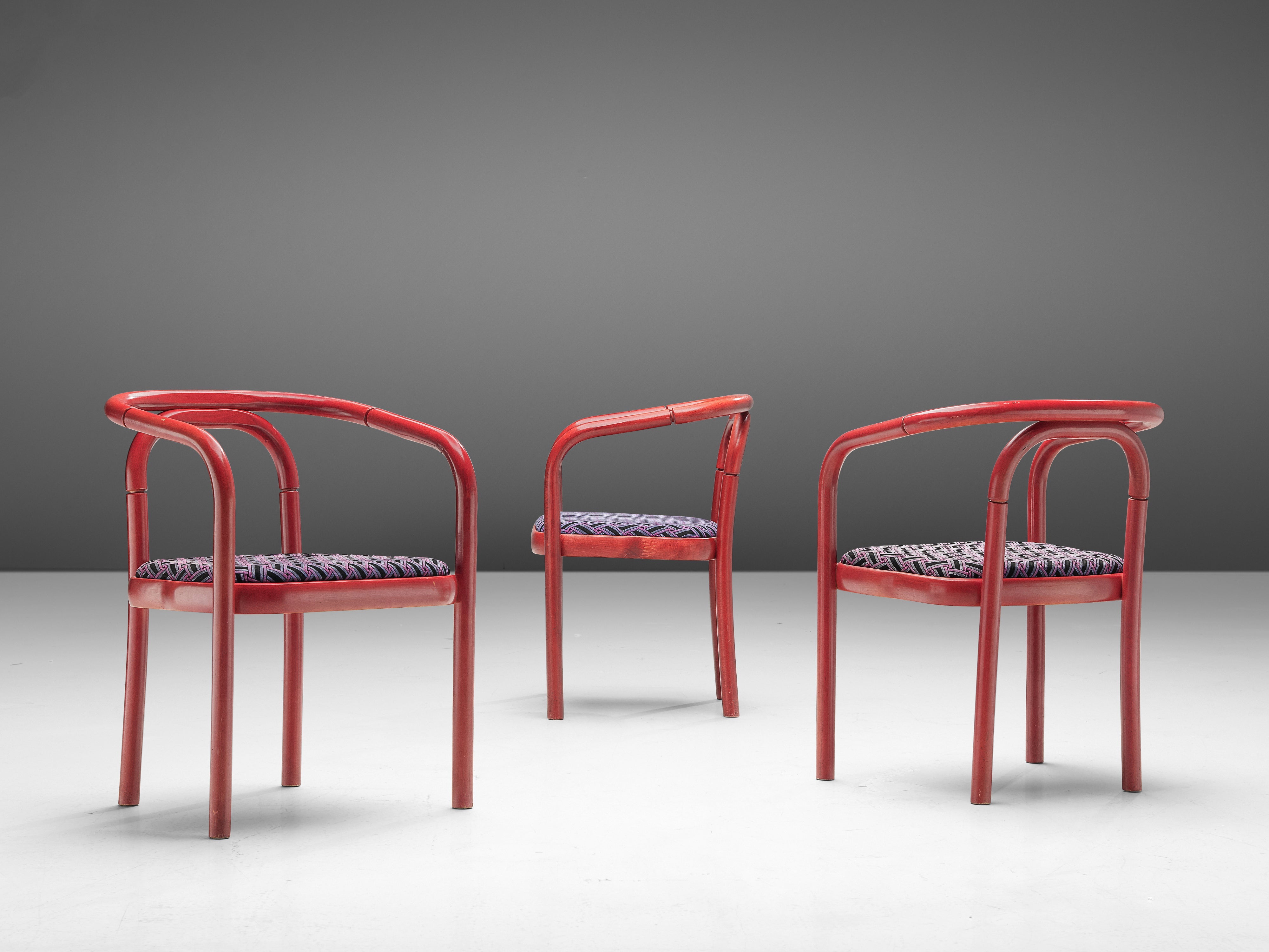 Antonín Šuman for TON Dining Chairs with Red Frames and Patterned Upholstery seating Morentz