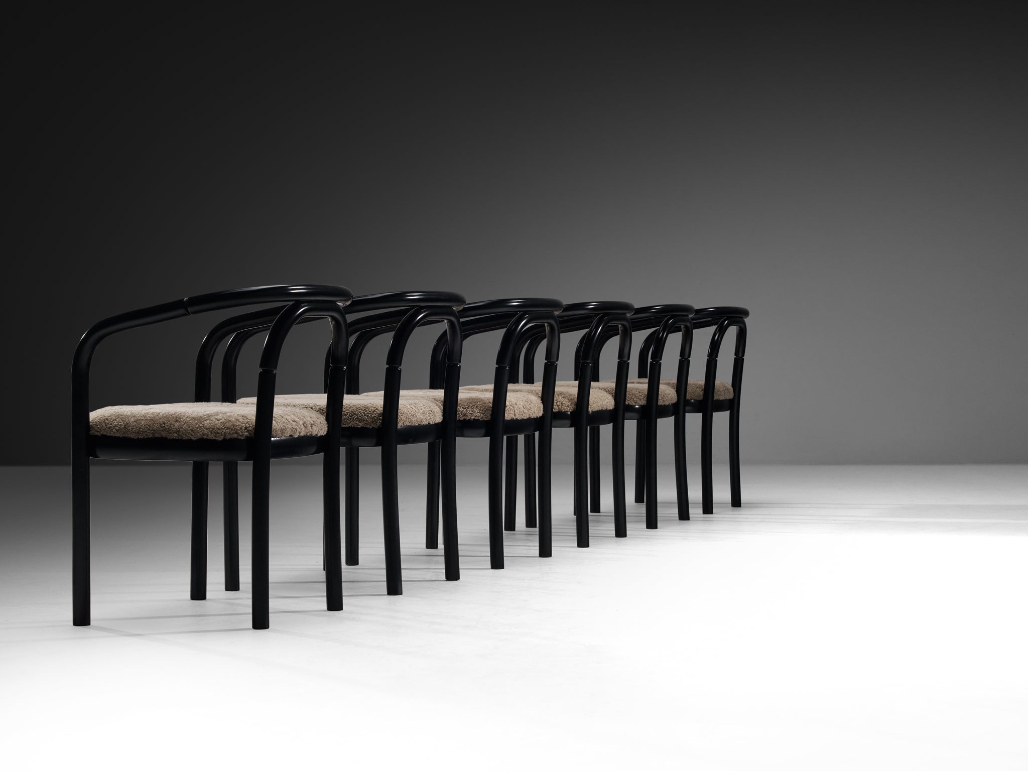 Sculptural Bentwood Armchairs in Black Lacquered Wood and Sheepskin